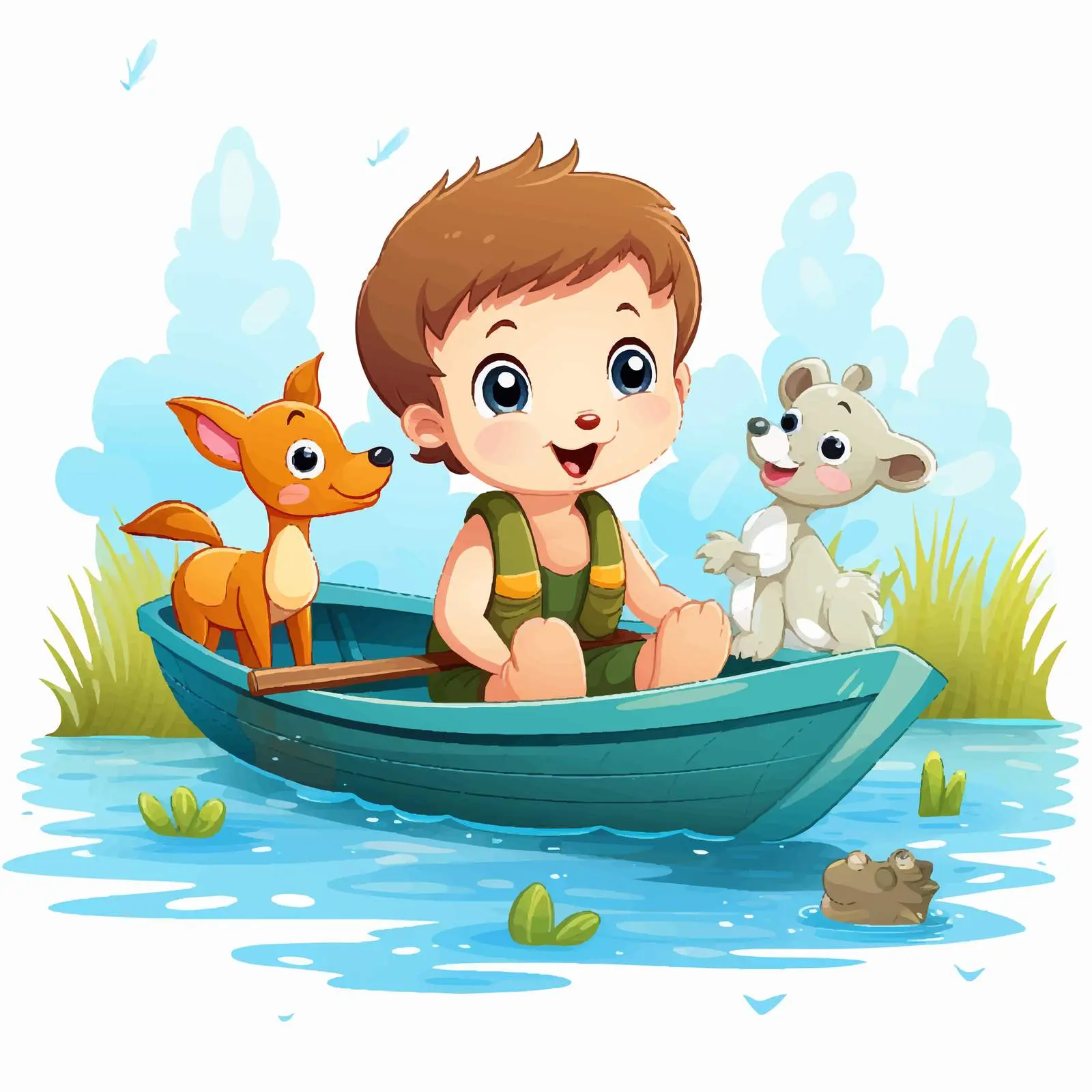 Boy in Boat with Animal Characters — free download from Dotvec