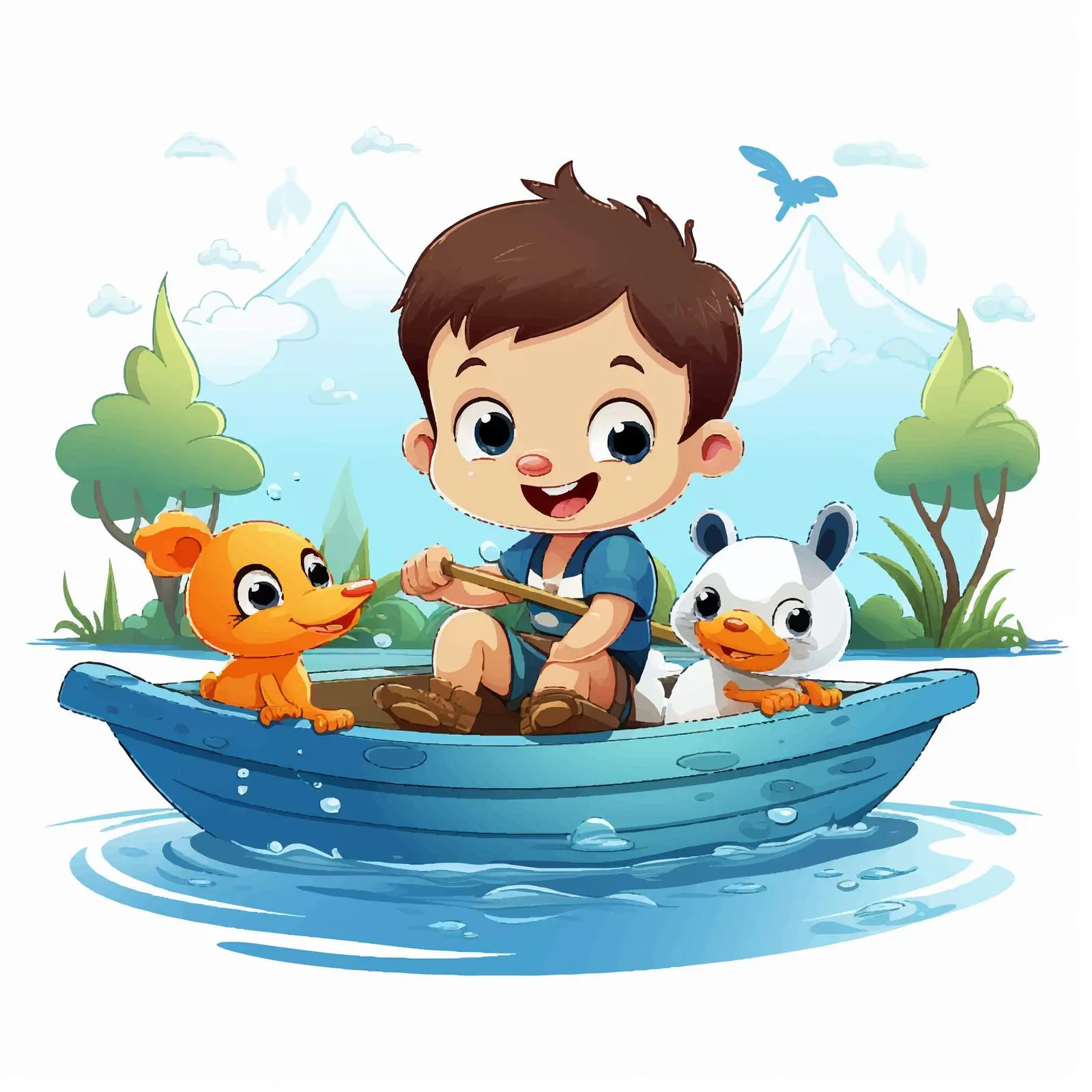 Boy in Boat with Animal Characters in Lake — free download from Dotvec