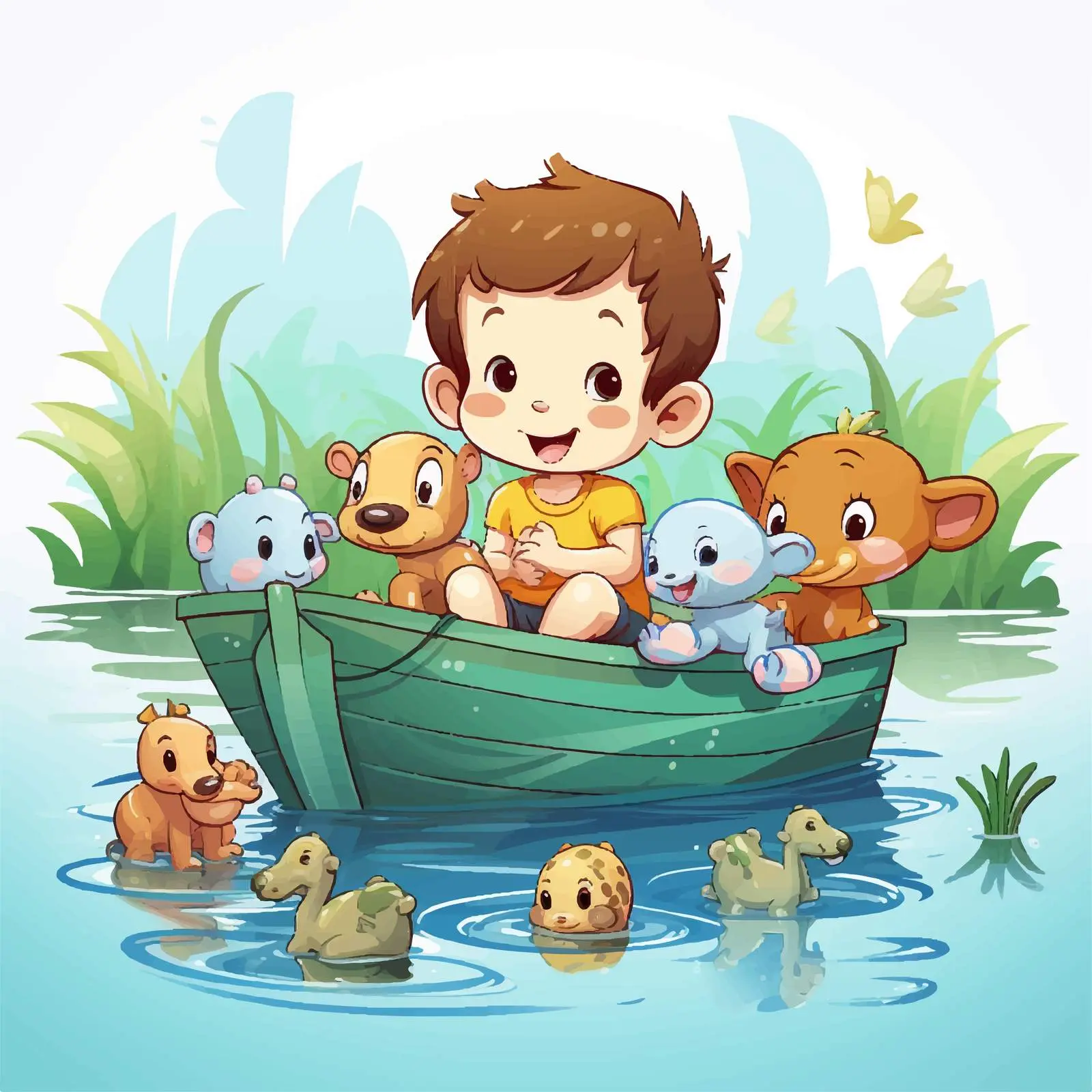 Boy in Boat with Animal Characters — free download from Dotvec