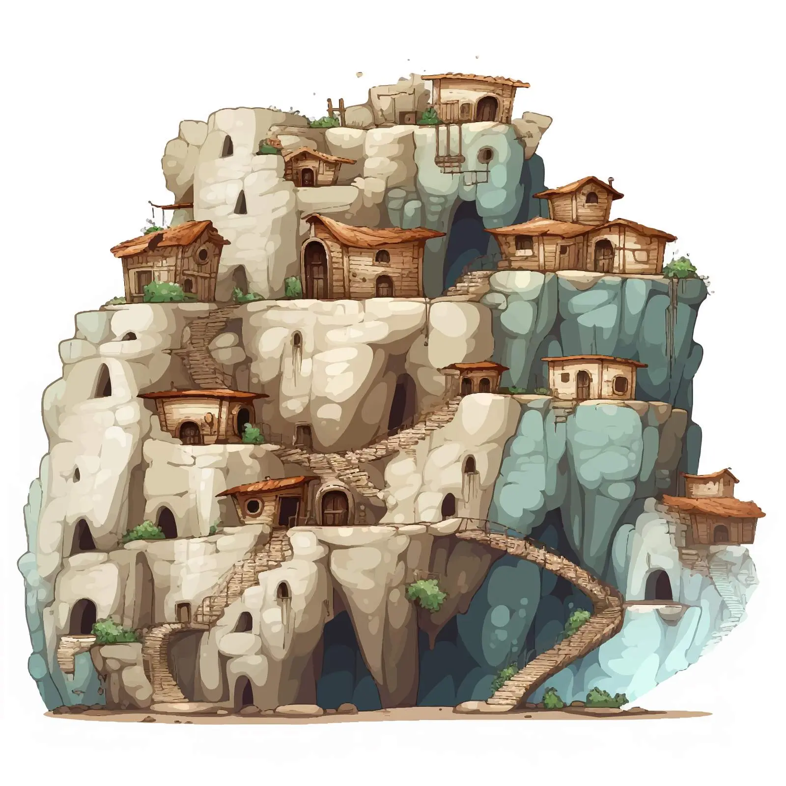 Cave Houses on a Cliff - Cartoon Vector Art — free download from Dotvec