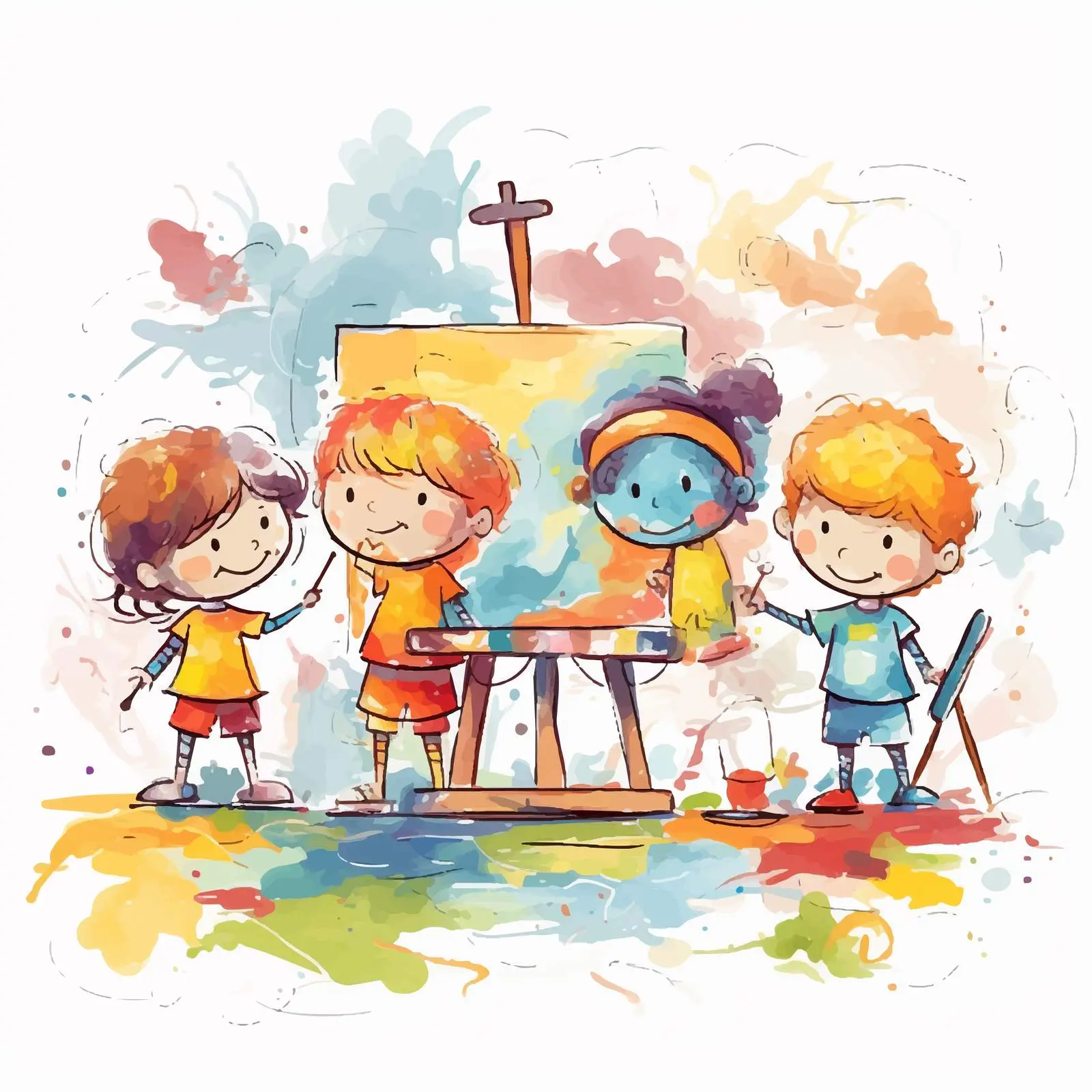 Children Painting a Colorful Banner Illustration – free kid art image from Dotvec