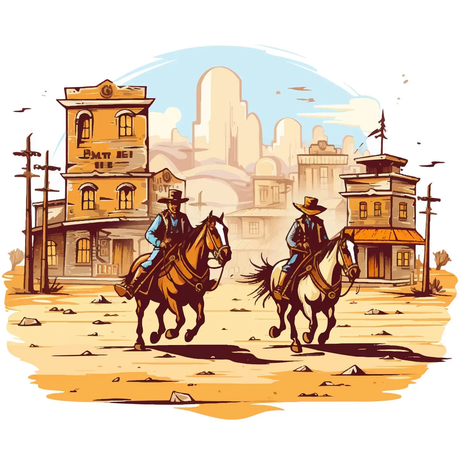 Cartoon Cowboys with Urban Buildings Illustration — free download from Dotvec