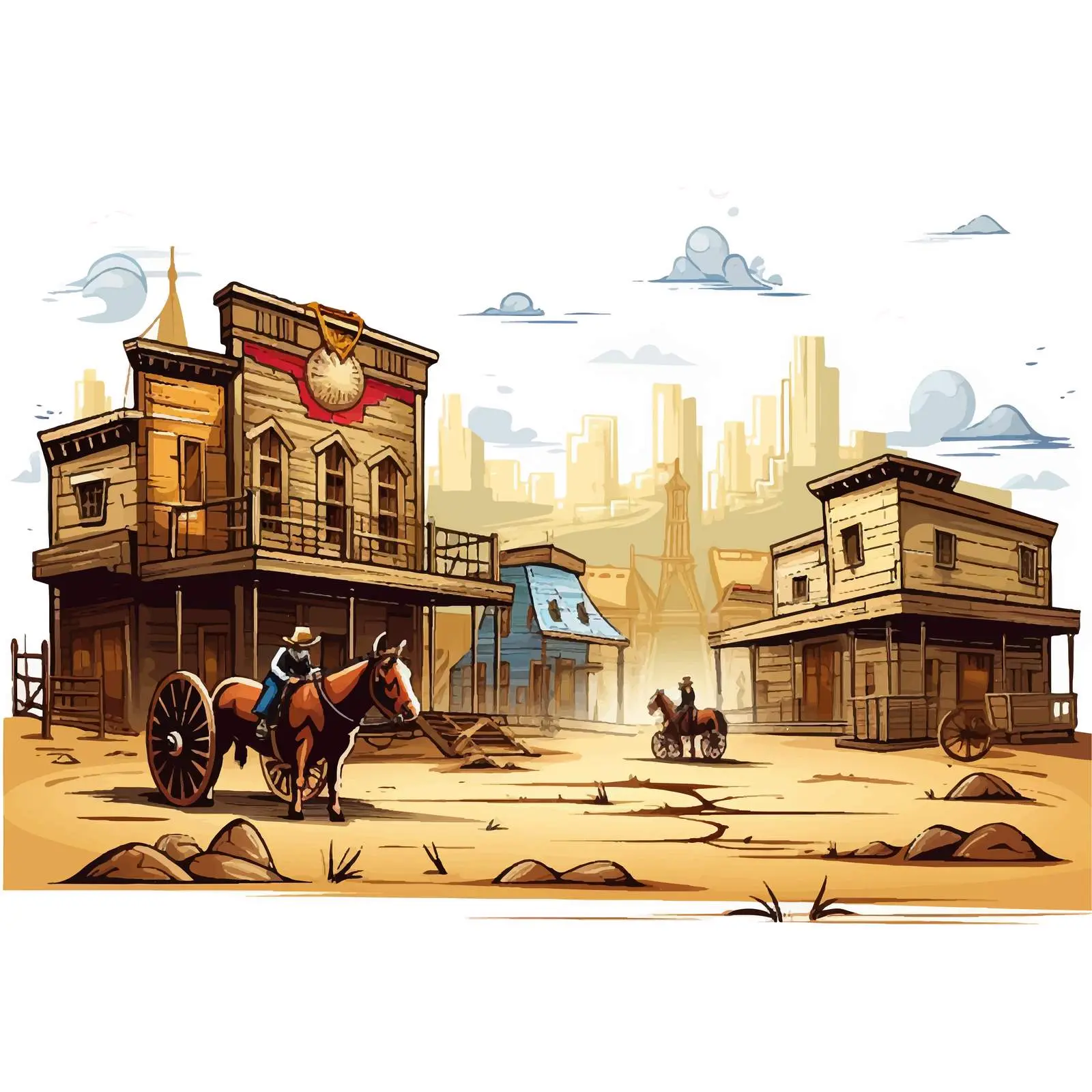 Cartoon Cowboys with City Buildings Vector Illustration — free download from Dotvec
