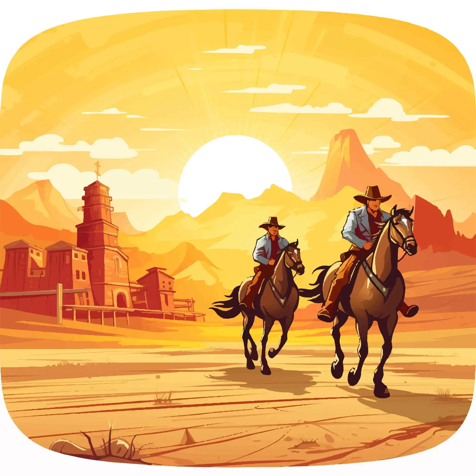 Cowboys and Buildings Cartoon Vector Illustration — free download from Dotvec