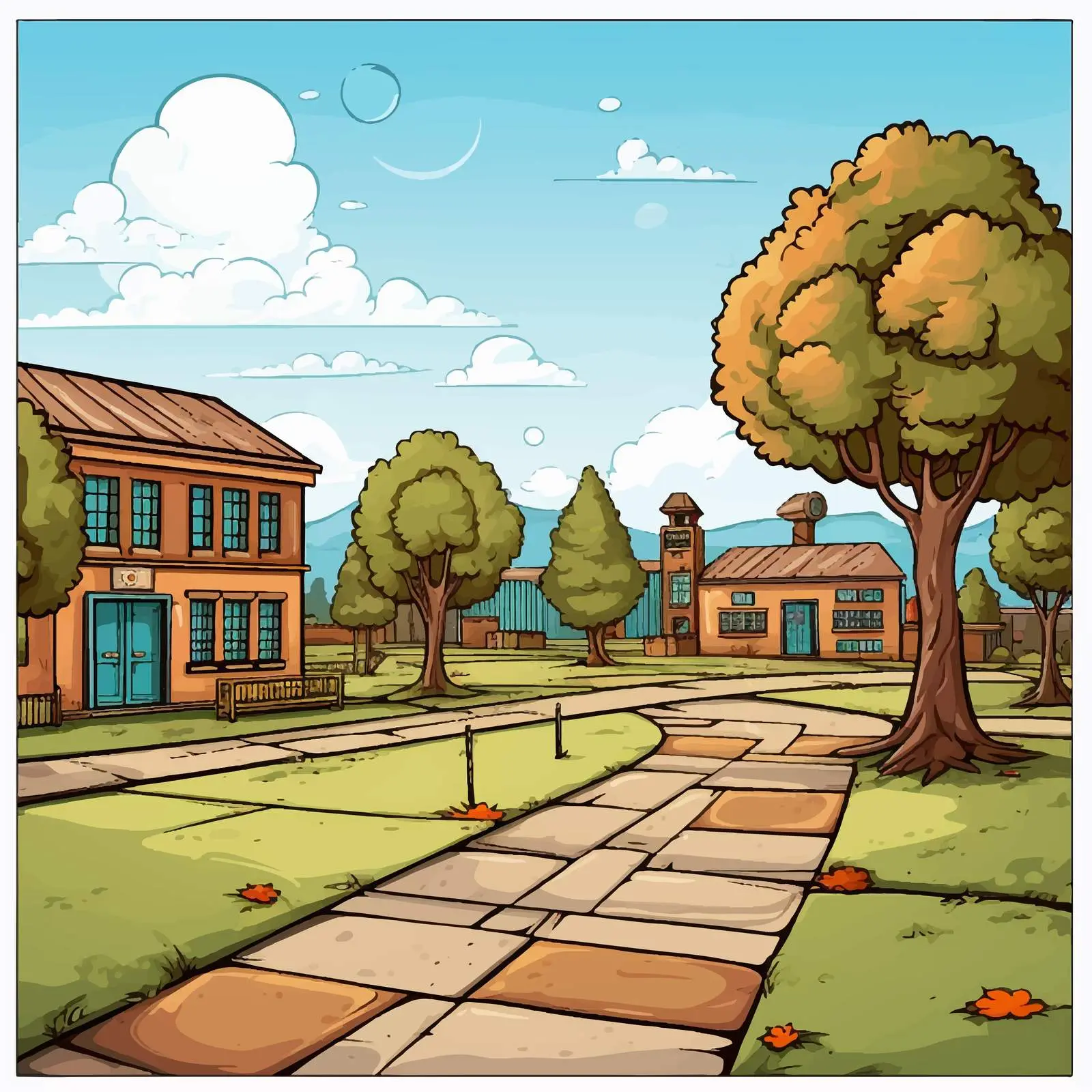 Empty Yard and School Cartoon Illustration — free download from Dotvec