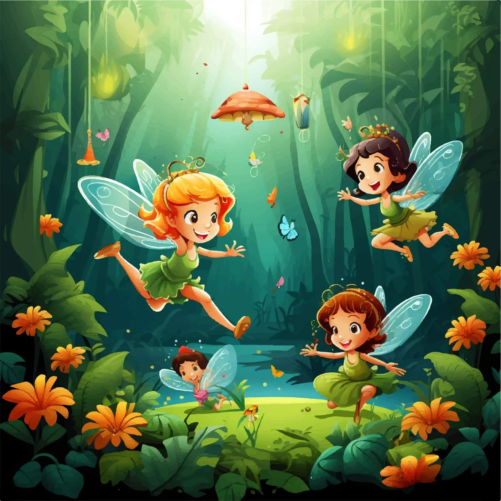 Fairies Flying in Jungle Vector Illustration — free download from Dotvec
