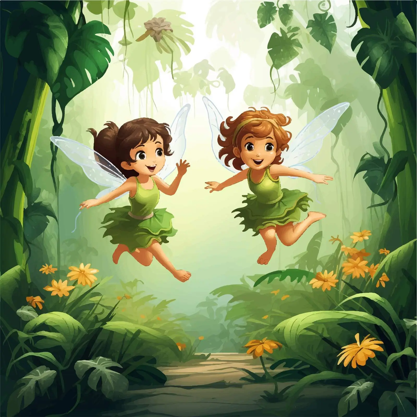 Fairies Flying in Jungle Vector Illustration — free download from Dotvec