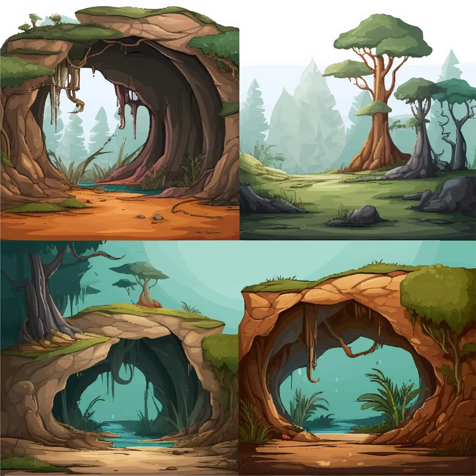 Four Forest and Cave Scenes Vector Illustration — free download from Dotvec