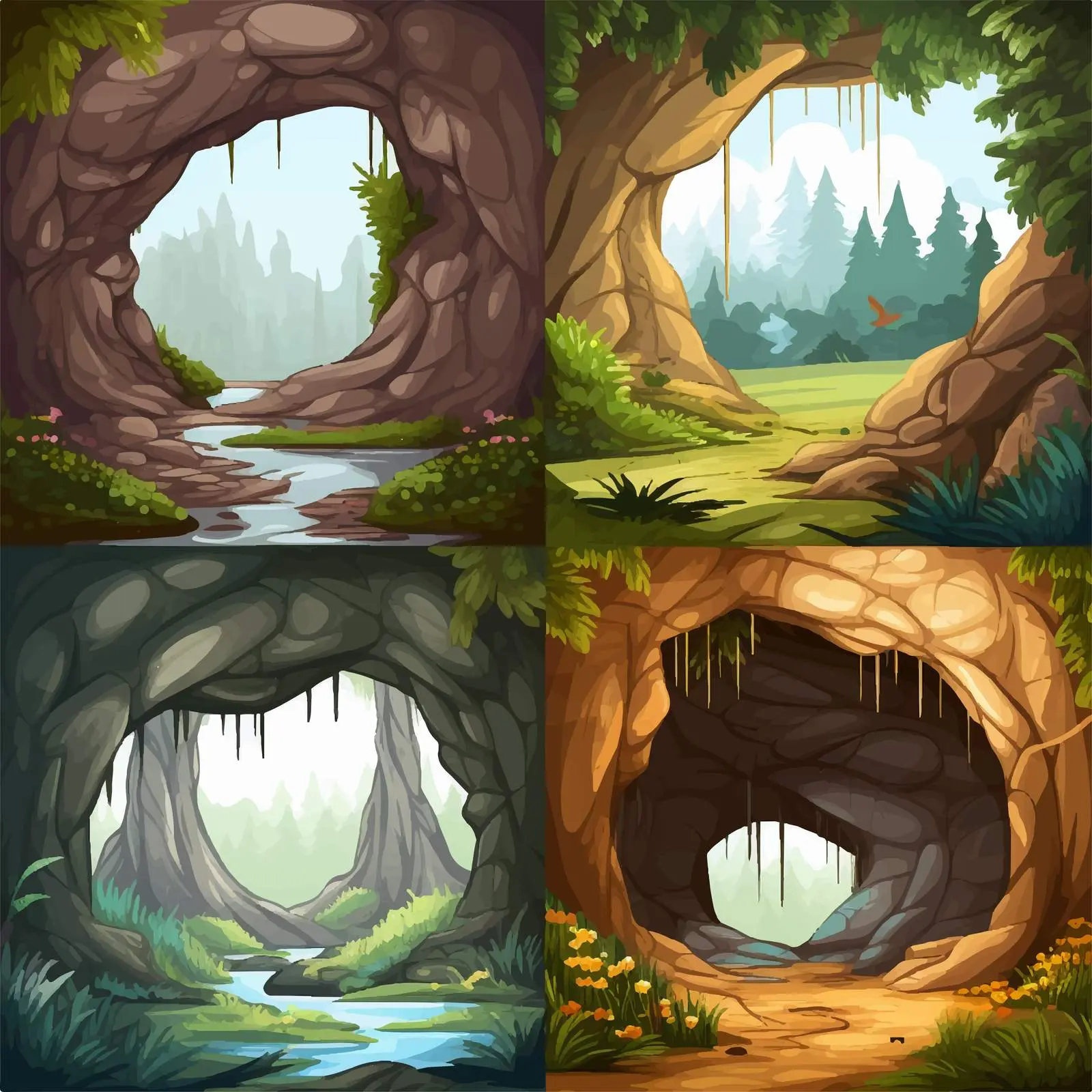 Four Scenic Illustrations of Forests and Cave – free forest life image from Dotvec