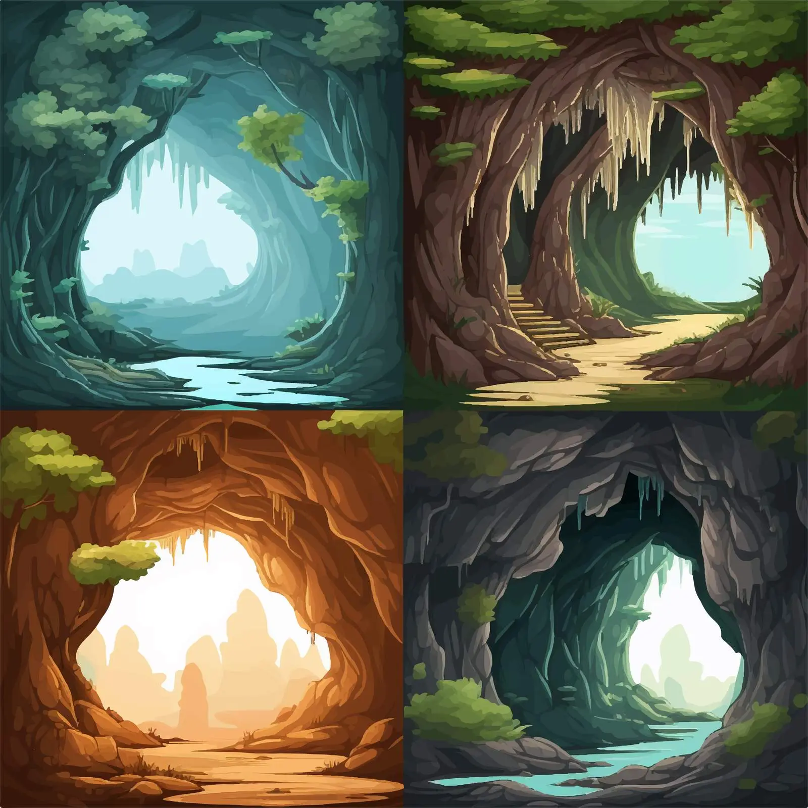 Four Forest and Cave Scenes Vector Illustration – free forest life image from Dotvec