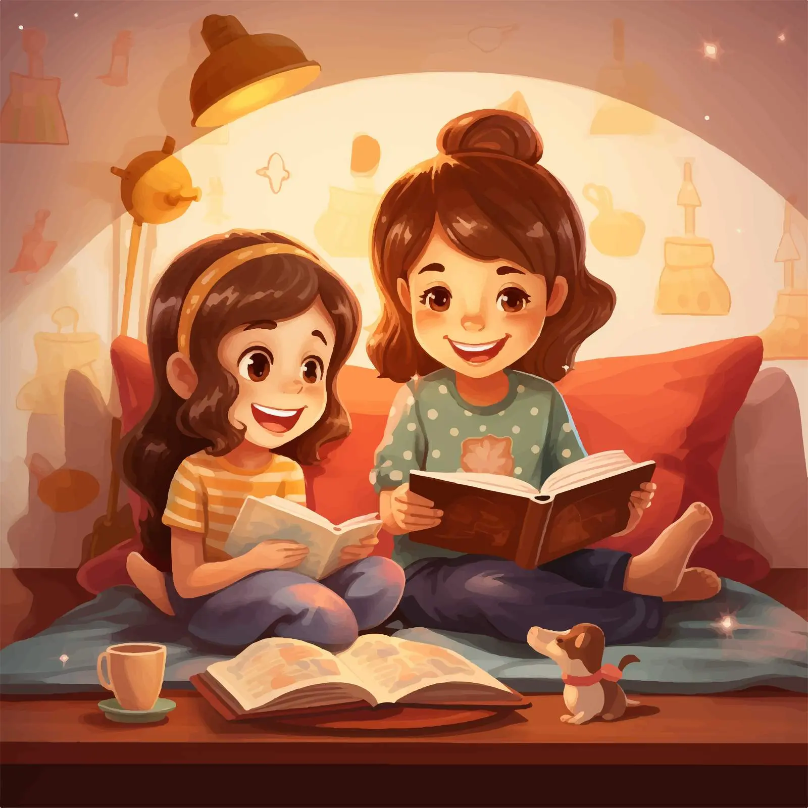 Girls Reading at Home - Cartoon Vector Illustration — free download from Dotvec