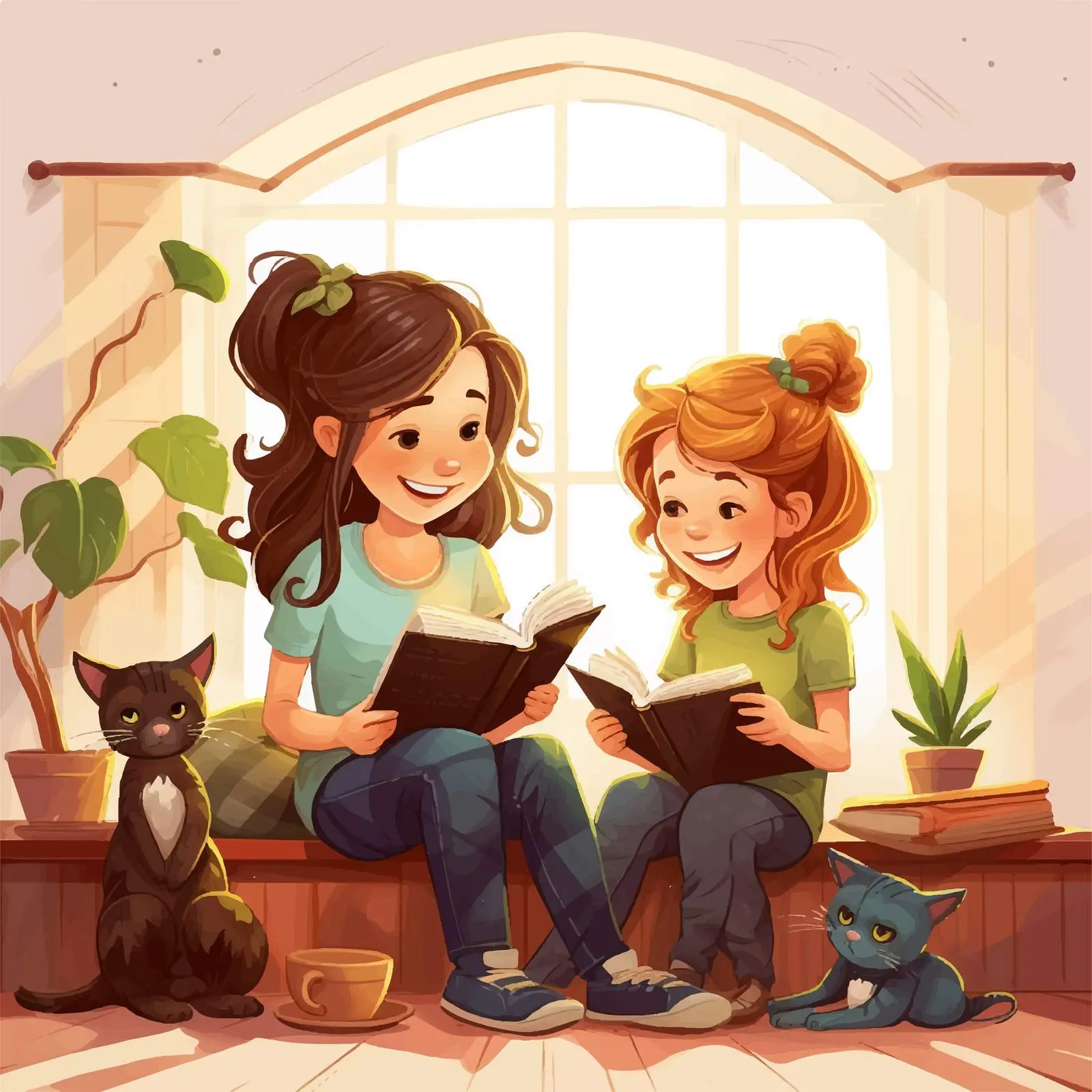 Girls Reading at Home - Cartoon Vector Art — free download from Dotvec
