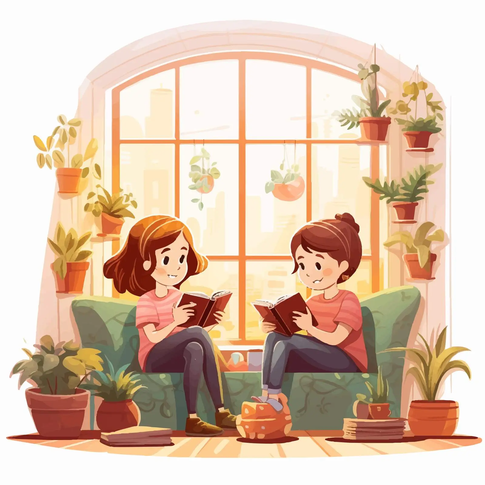 Girls Reading at Home Vector Illustration — free download from Dotvec