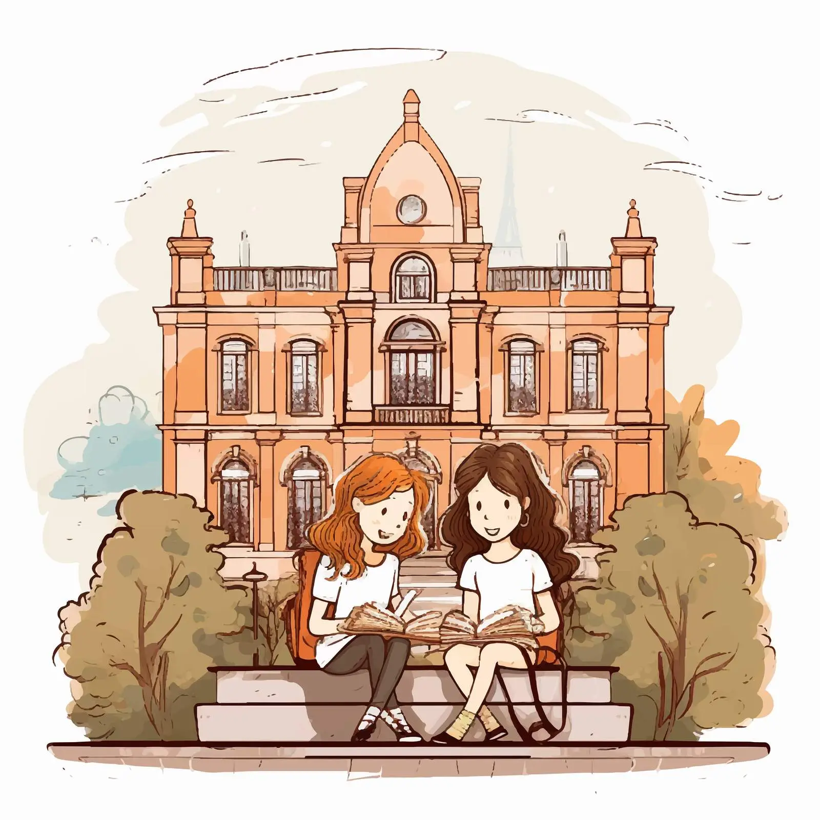 Girls Reading Books in Front of Building — free download from Dotvec