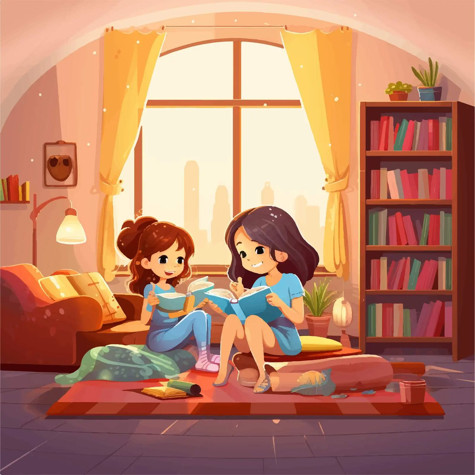 Girls Reading Books in Cozy Room Vector — free download from Dotvec