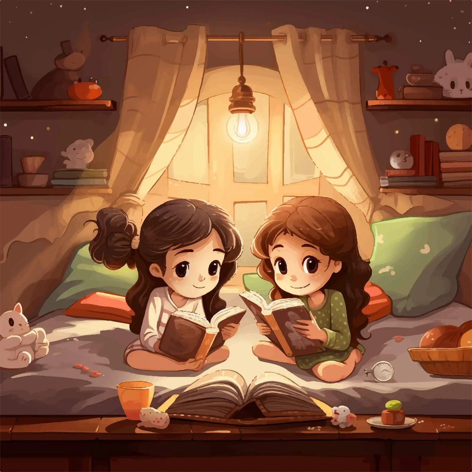 Girls Reading Books in Cozy Room Vector — free download from Dotvec