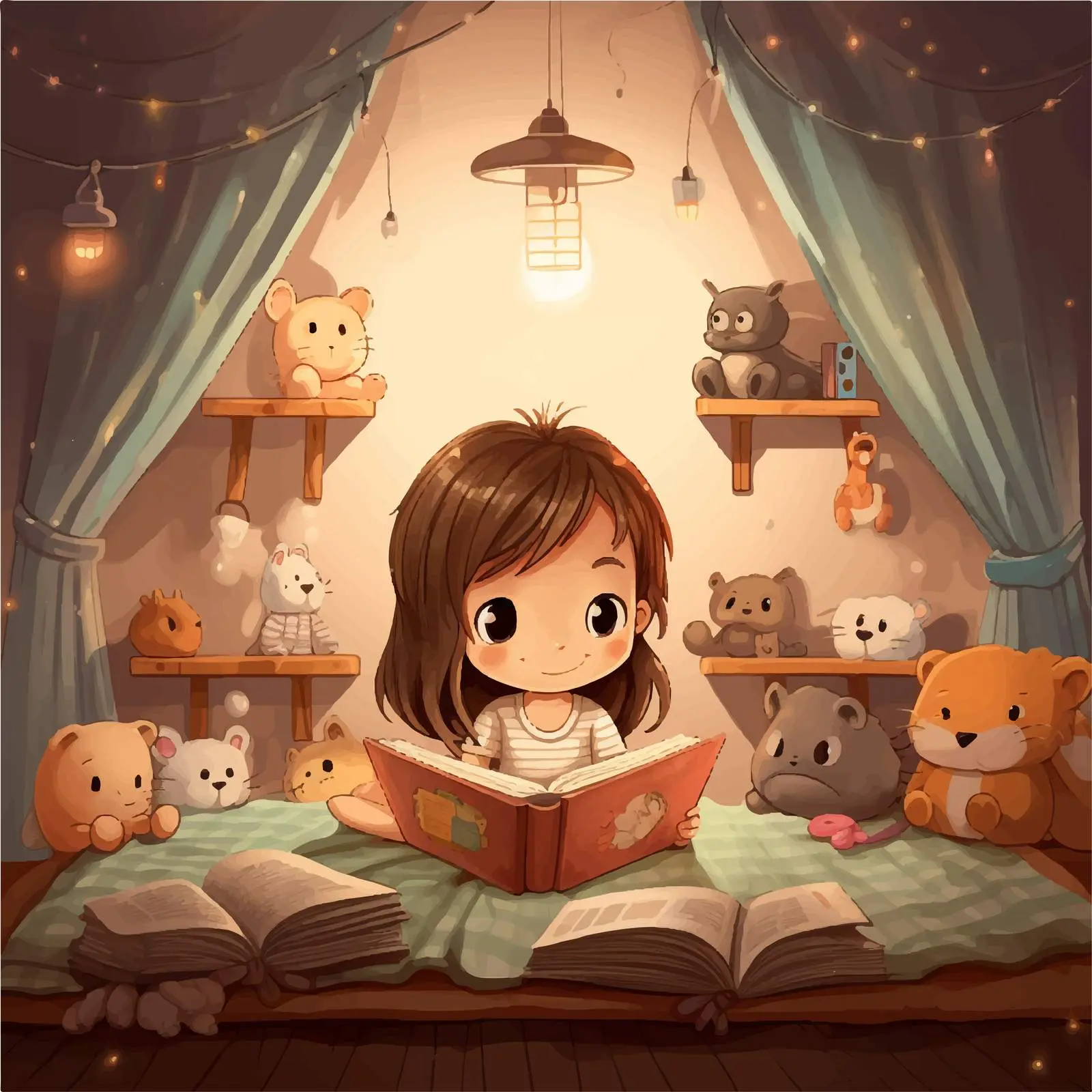 Girls Reading Books in Cozy Room Illustration — free download from Dotvec