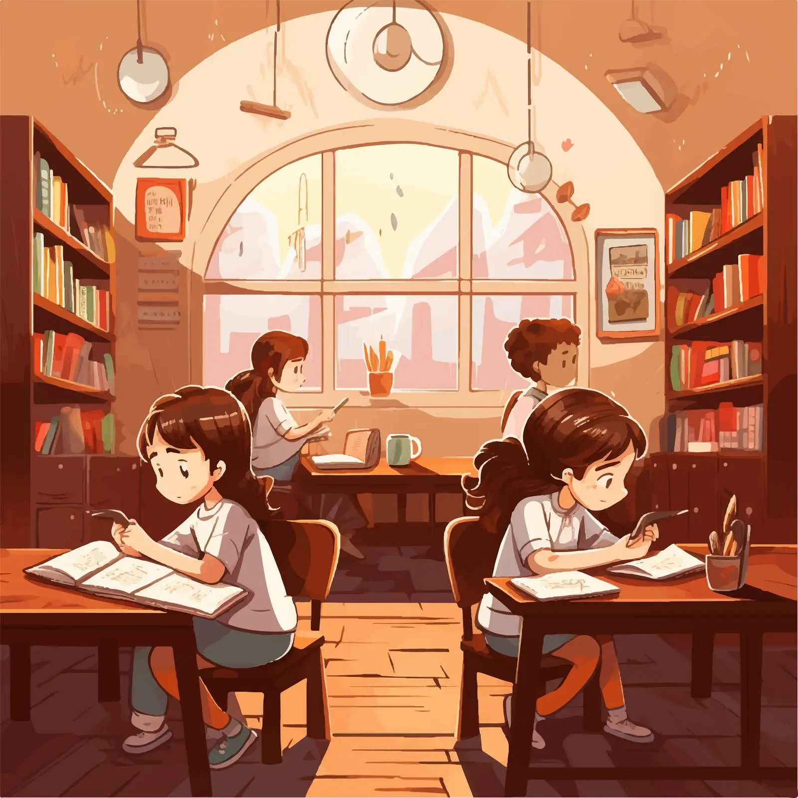 Girls Studying Together in a Room Vector — free download from Dotvec