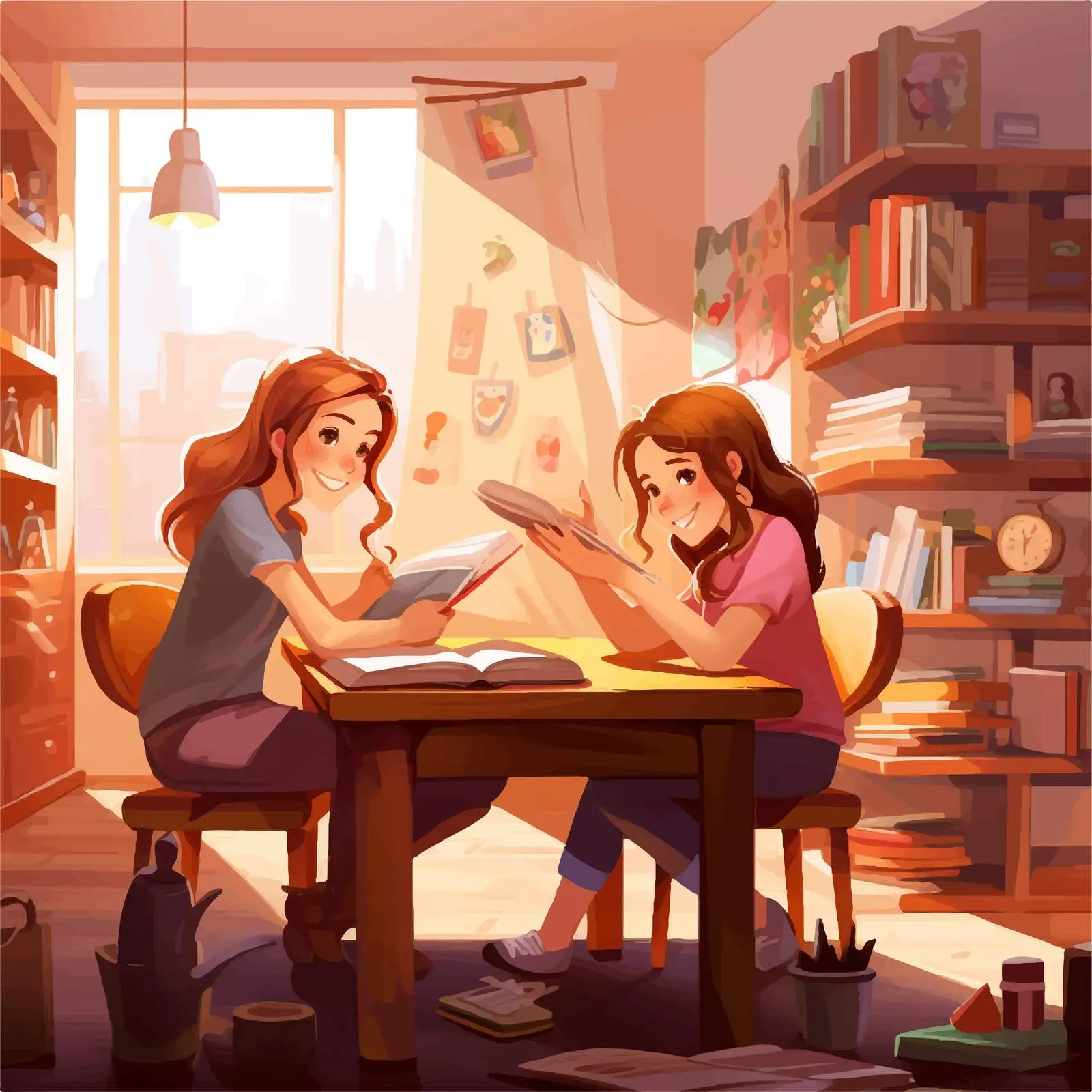 Girls Studying Together in a Room Illustration — free download from Dotvec
