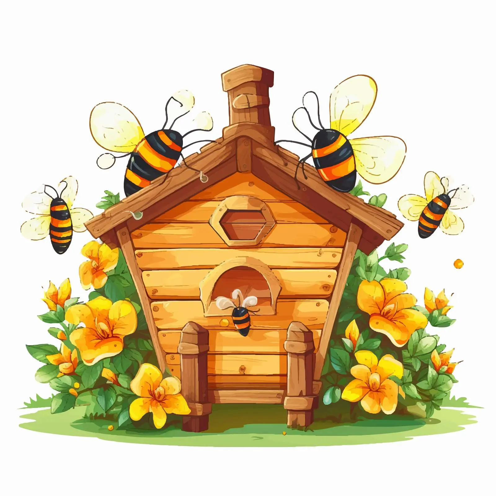 Honey Bees and Wooden House Vector Illustration — free download from Dotvec