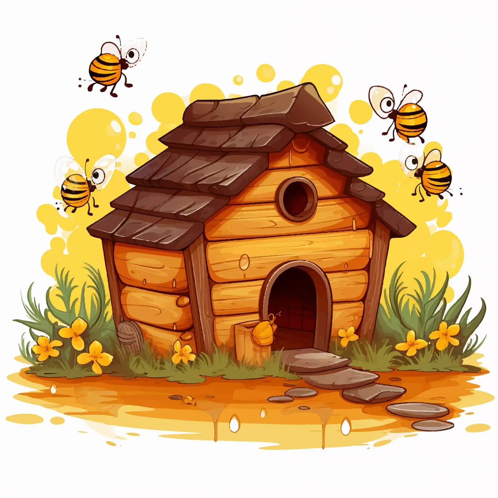 Honey Bees and Wooden House Vector Illustration — free download from Dotvec