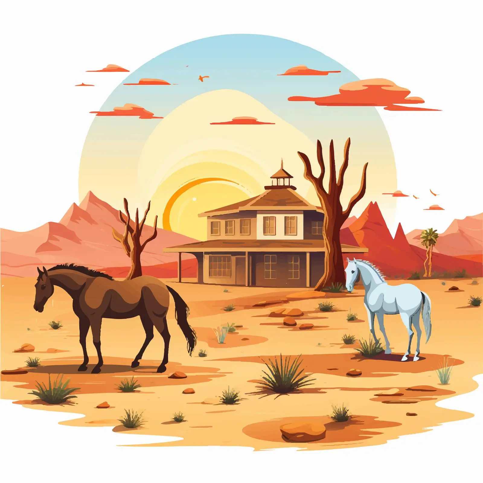 Horses and House in Desert Landscape Vector — free download from Dotvec
