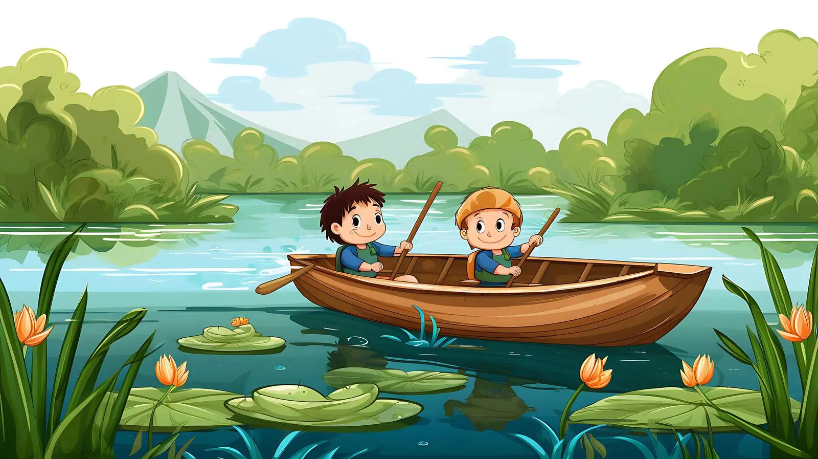 Kids in Wooden Boat on Pond — free download from Dotvec