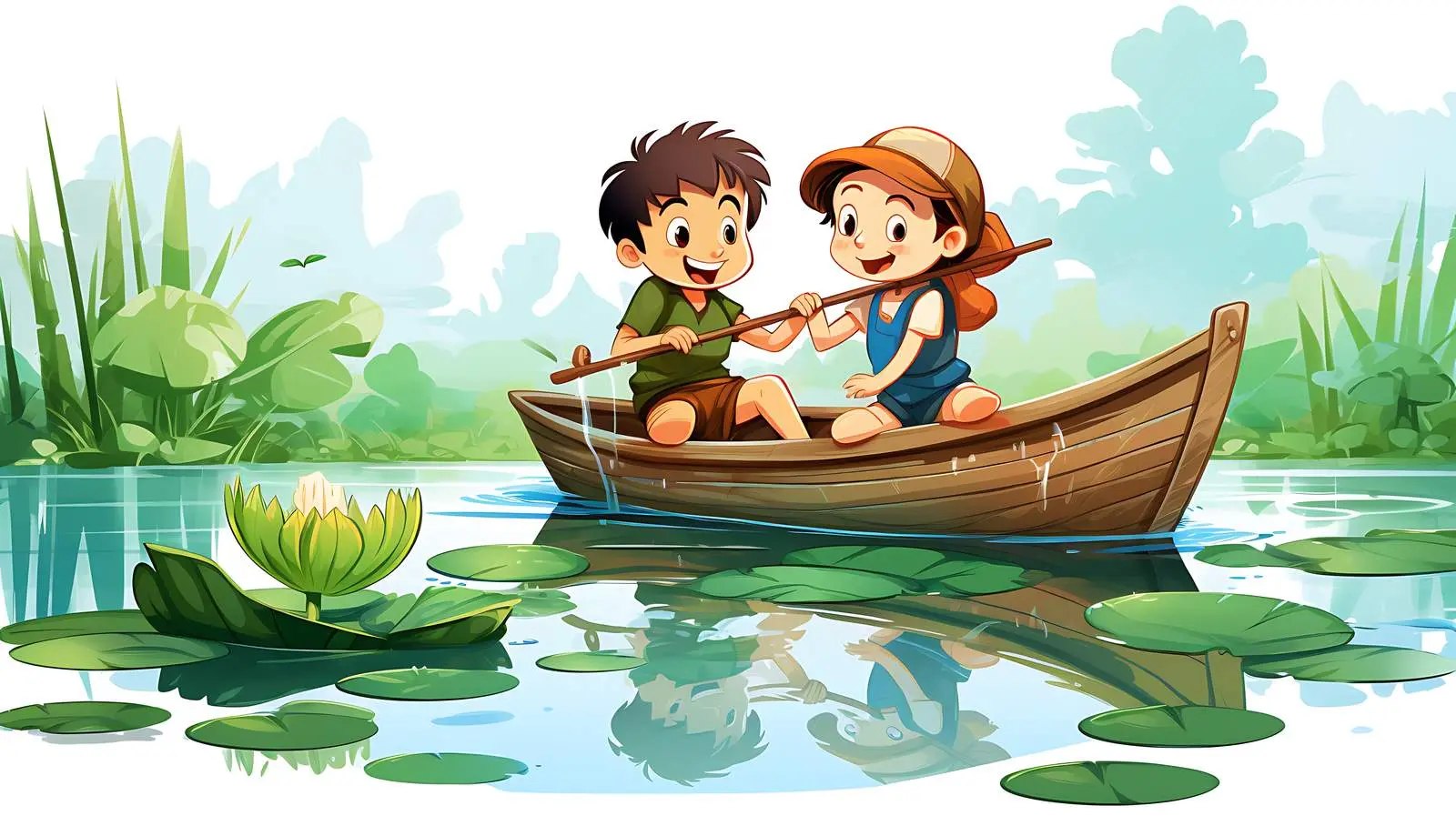 Children Enjoying Wooden Boat in Pond — free download from Dotvec
