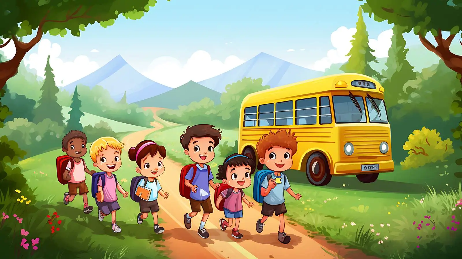 Nature School Bus with Kids Illustration — free download from Dotvec