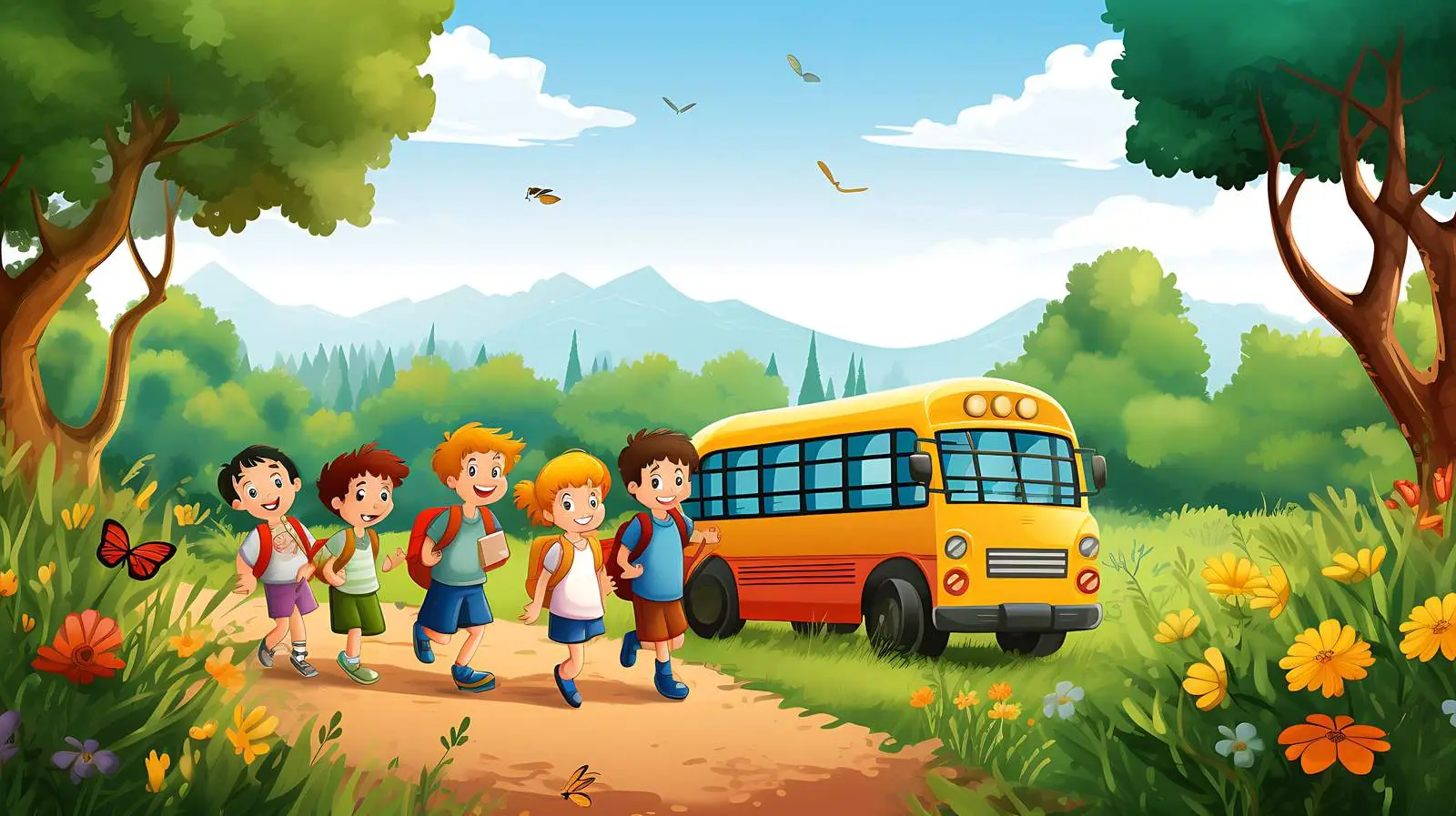 School Bus and Children in Nature — free download from Dotvec