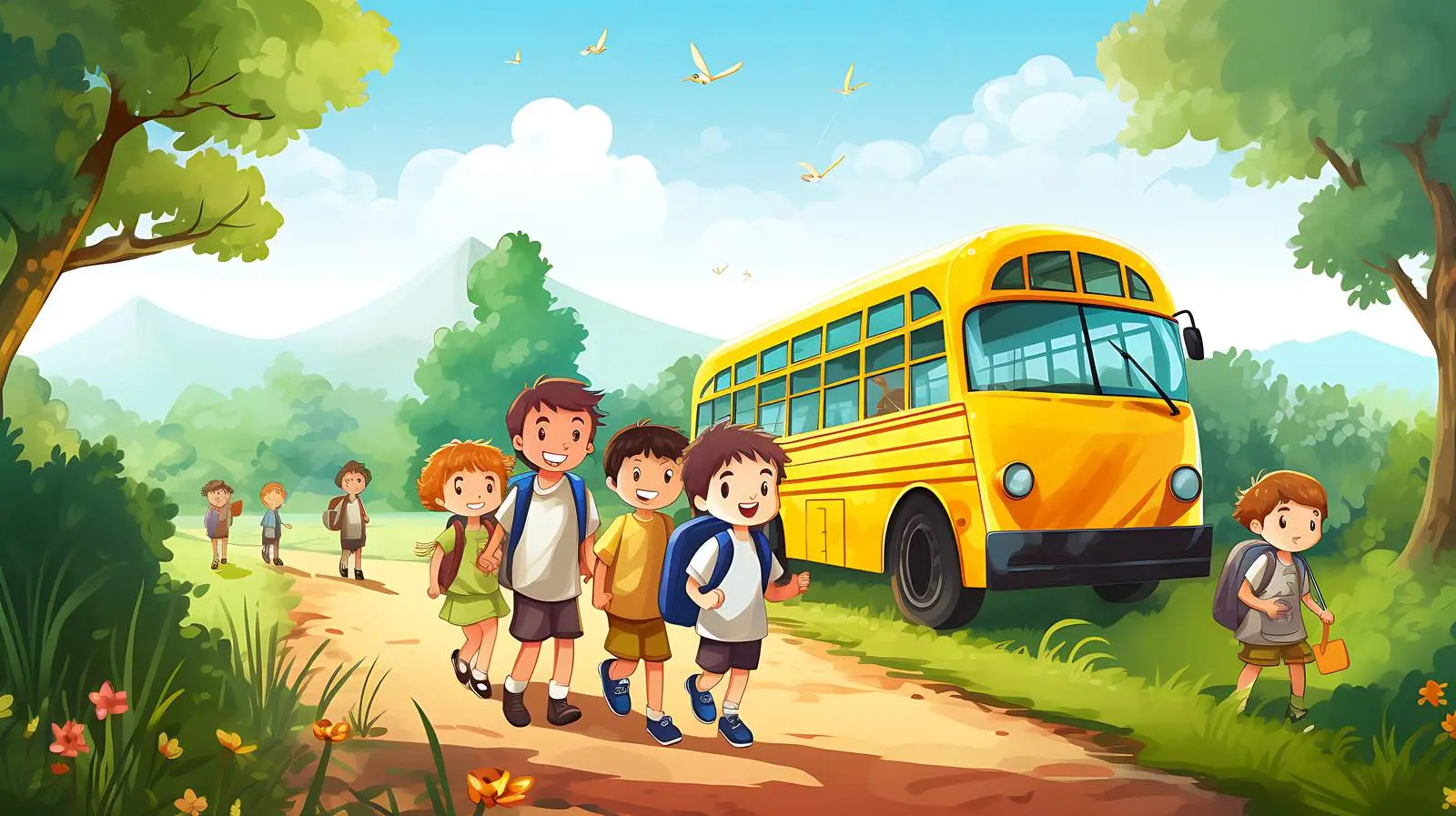Children and School Bus in Natural Setting — free download from Dotvec