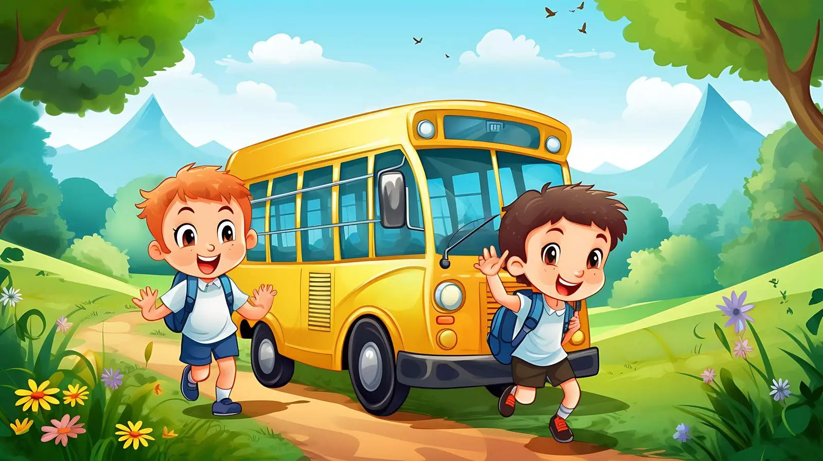 School Bus Kids Nature Illustration — free download from Dotvec