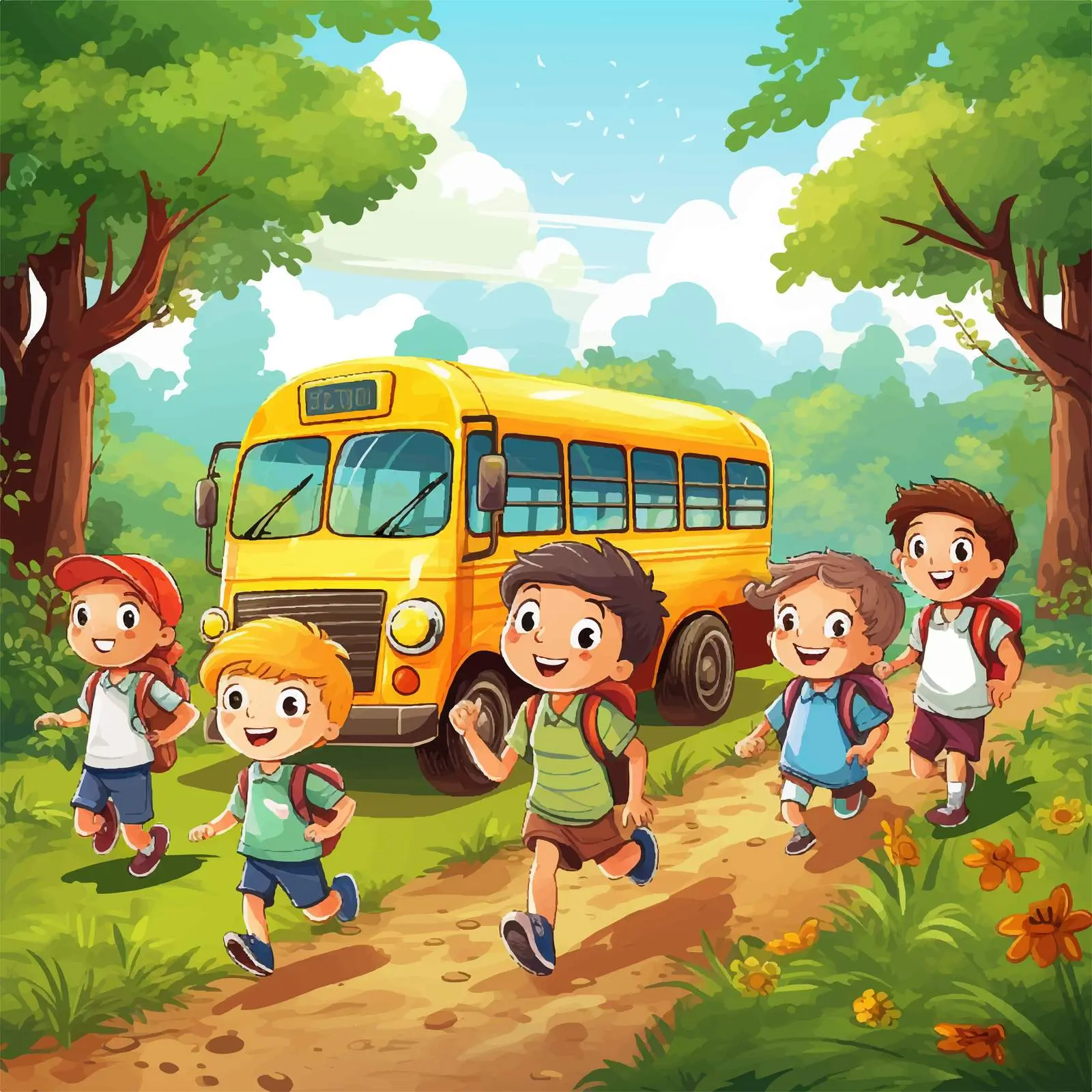 Kids Playing Beside School Bus in Nature — free download from Dotvec