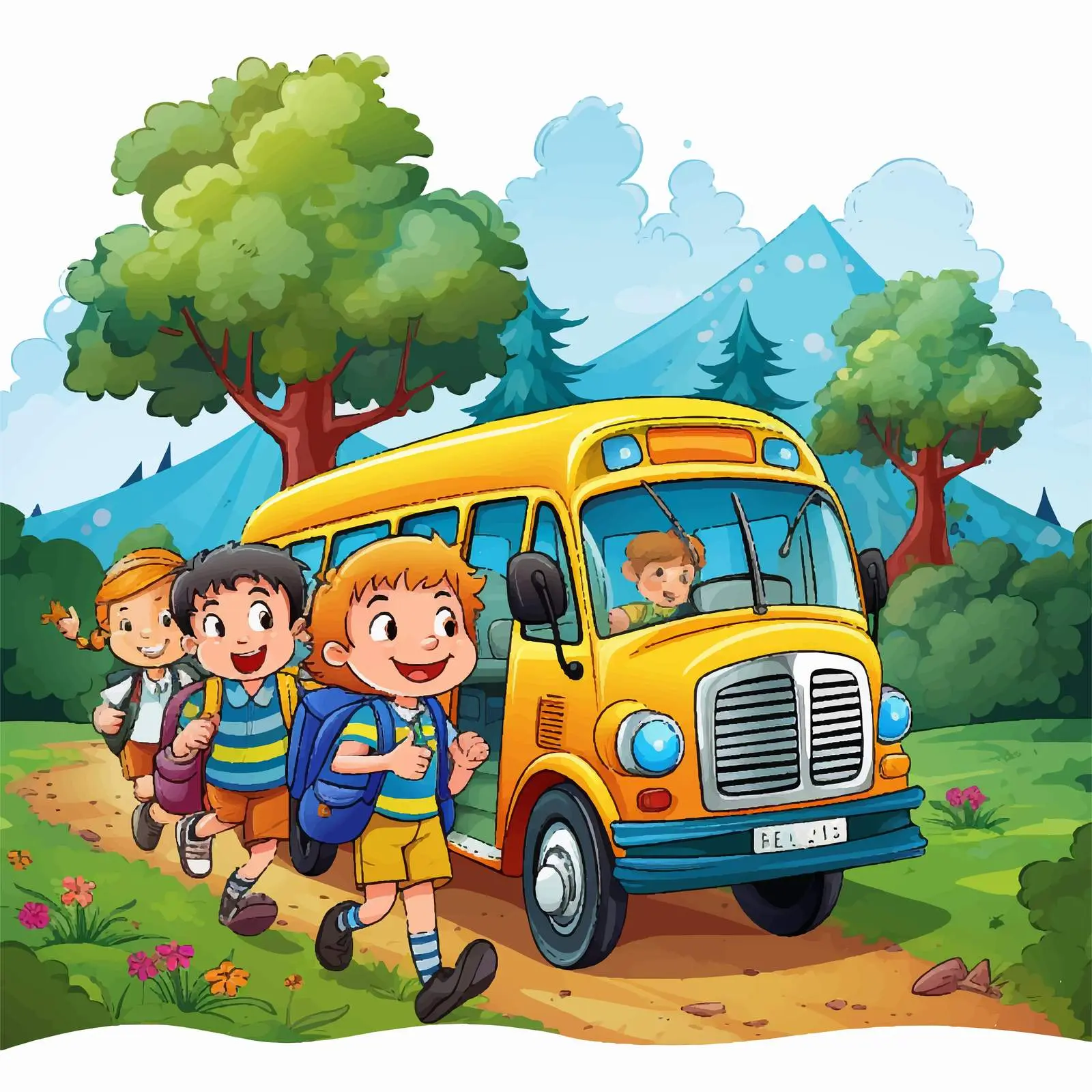 Kids Enjoying School Bus Ride in Nature — free download from Dotvec