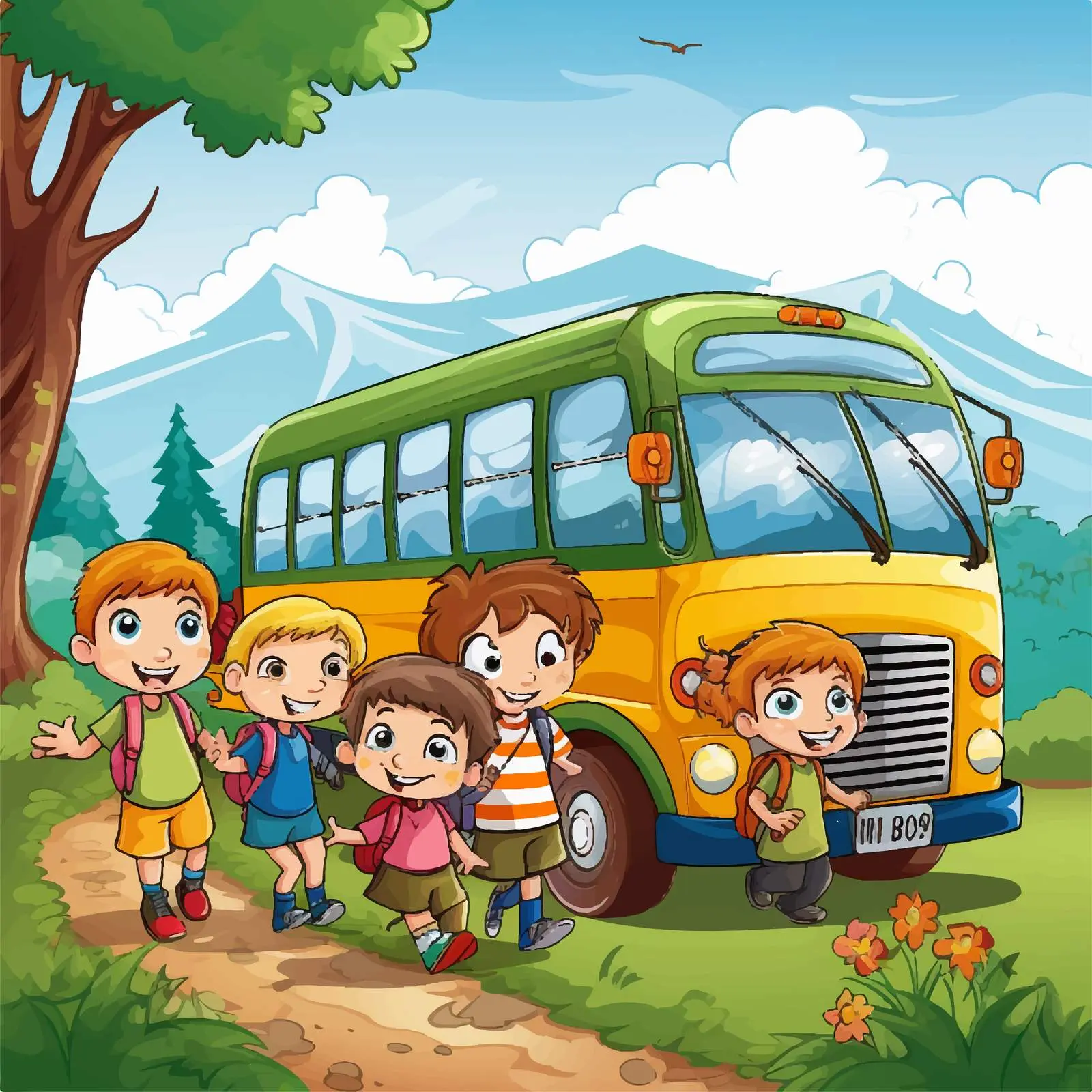 Kids and School Bus Adventure in Nature — free download from Dotvec