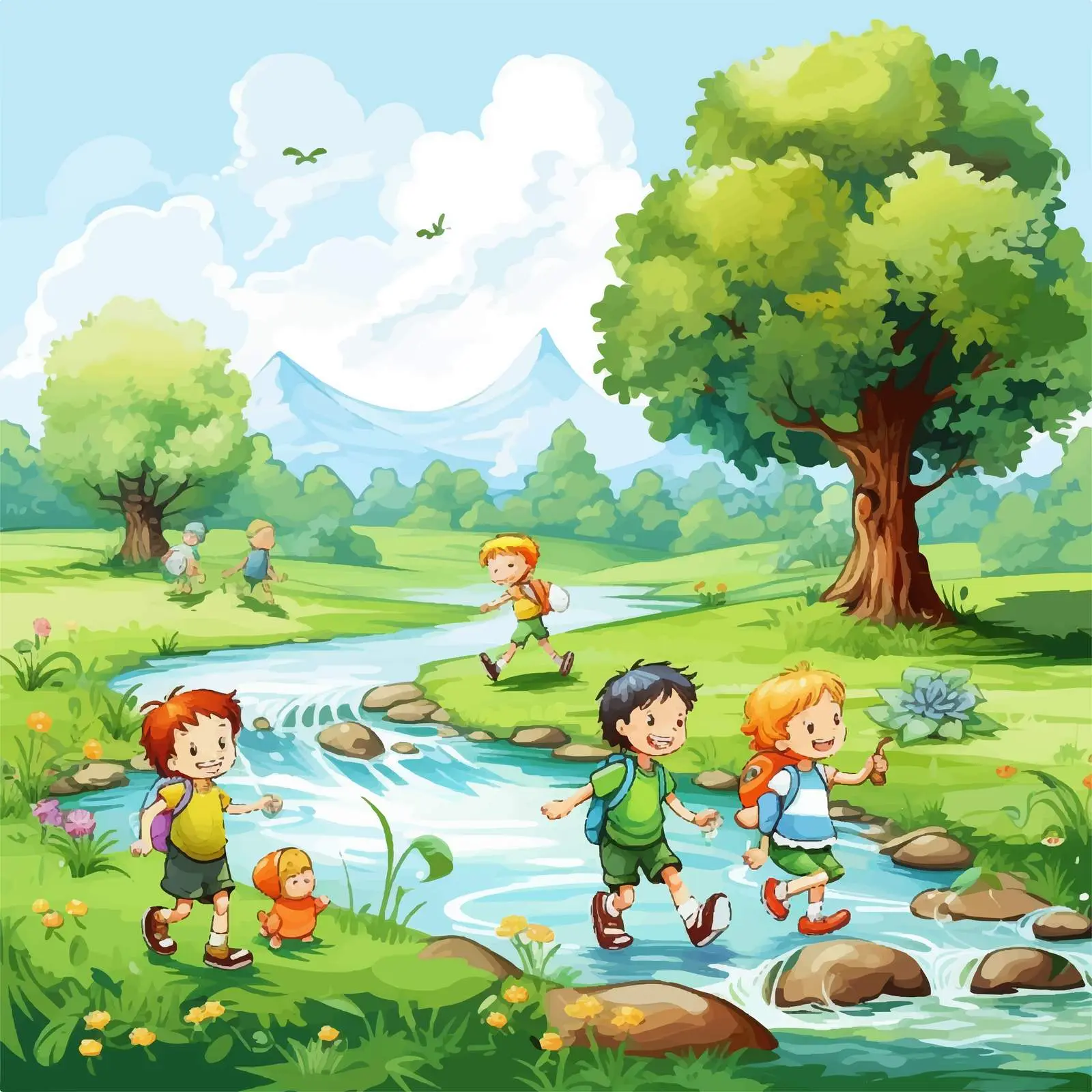 Kids Playing in Beautiful Nature Illustration — free download from Dotvec