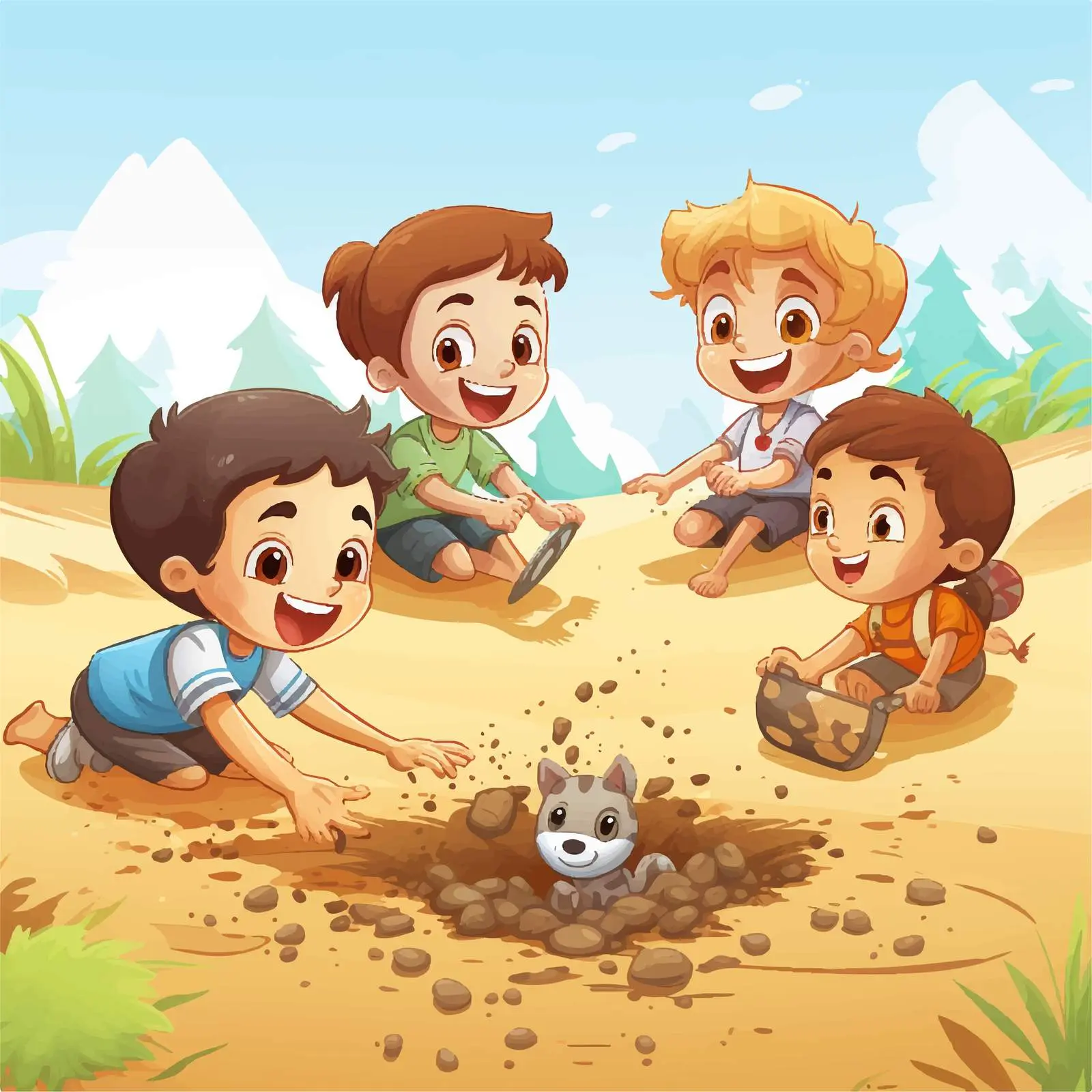 Kids Playing on Ground - Cartoon Vector Illustration — free download from Dotvec