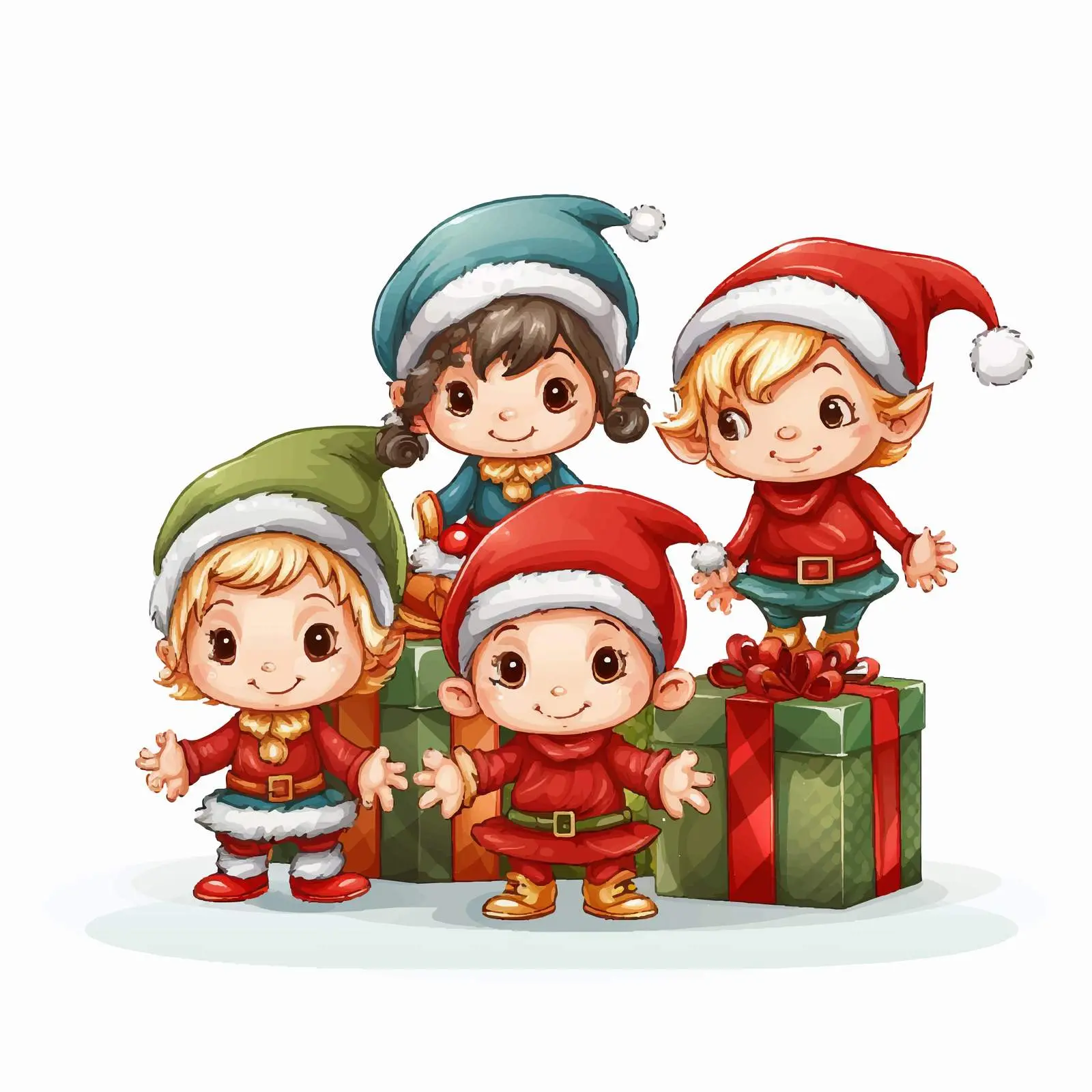 Cartoon Elves with Presents Vector Illustration — free download from Dotvec