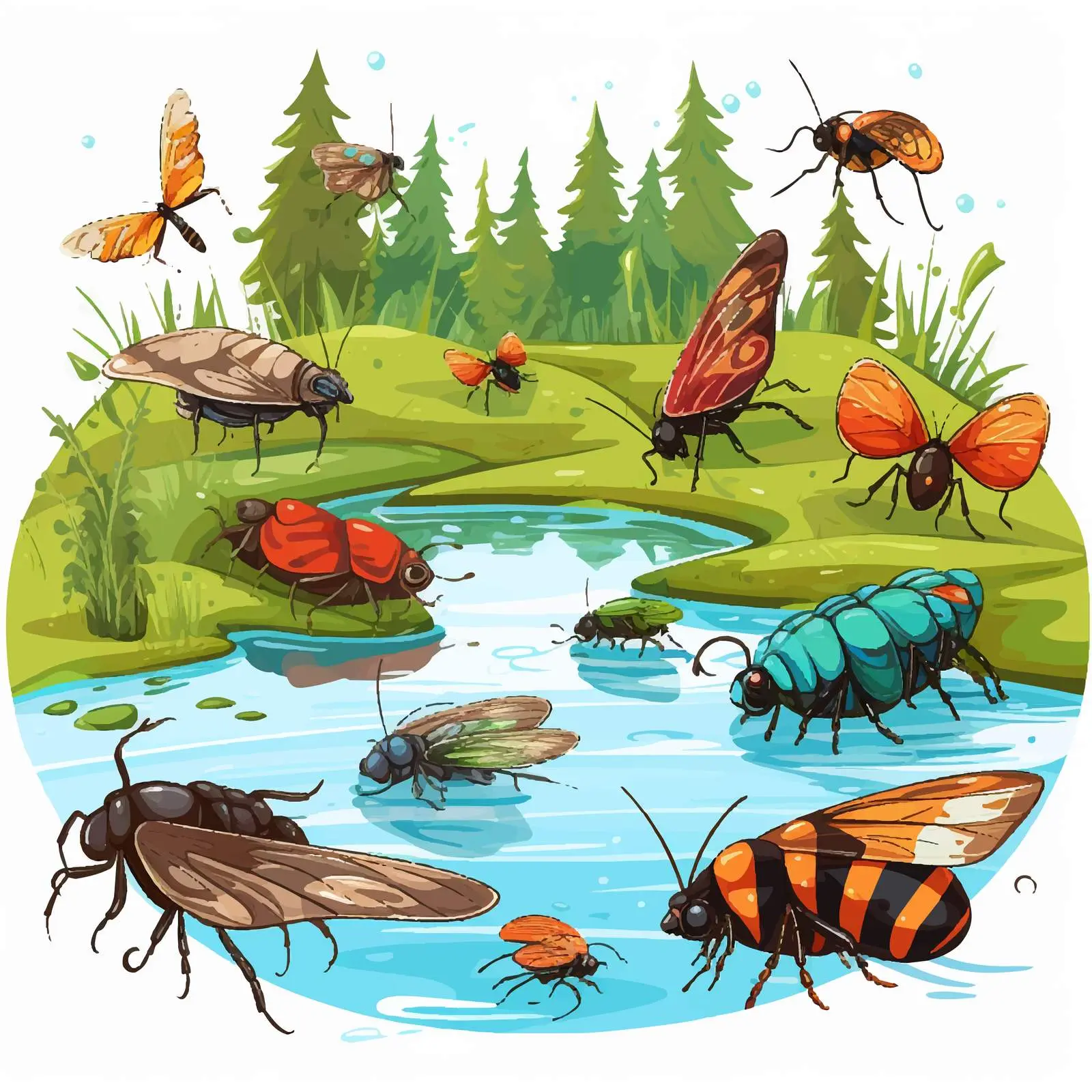 Insects by the River Vector Illustration — free download from Dotvec