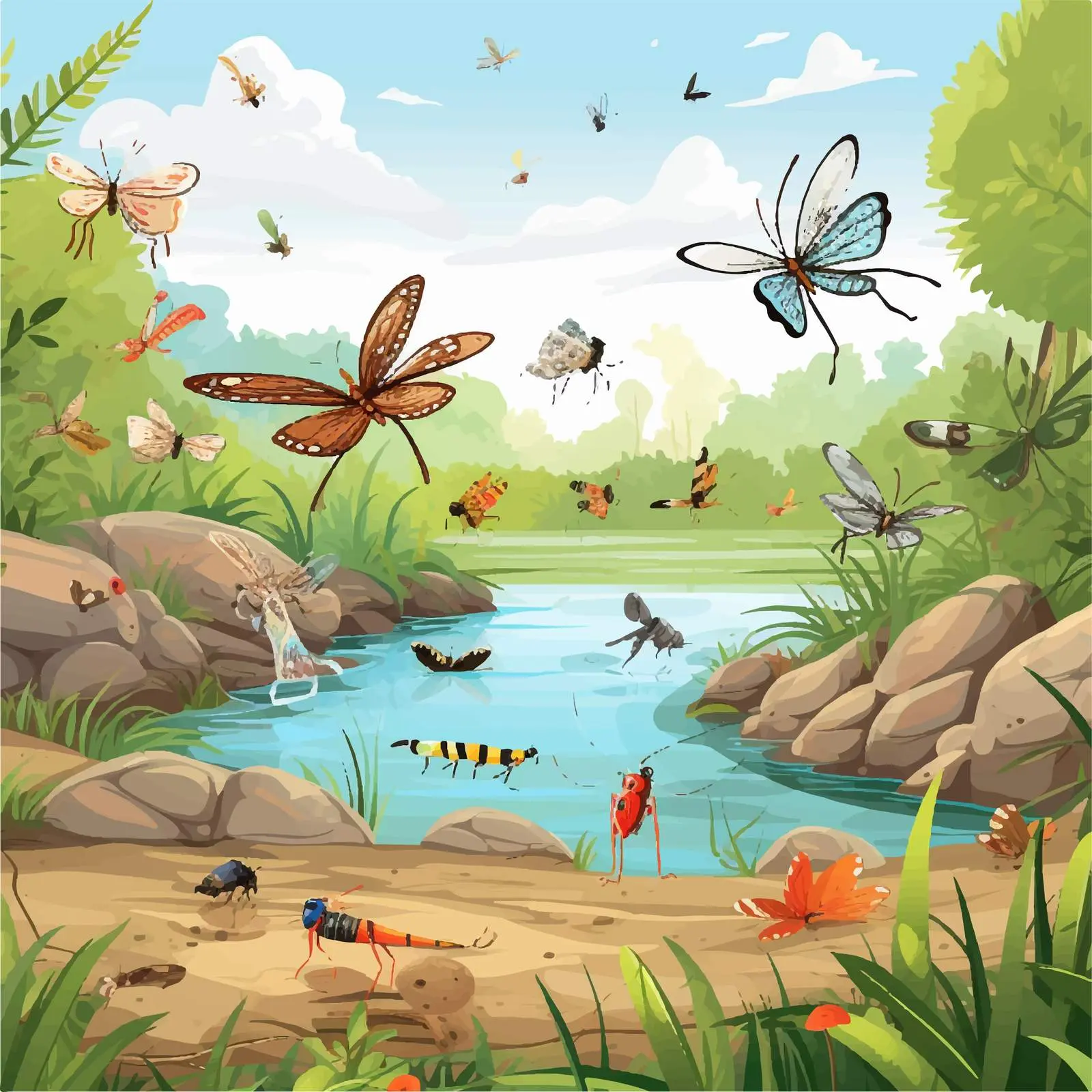 Insects by the River Illustration Vector — free download from Dotvec