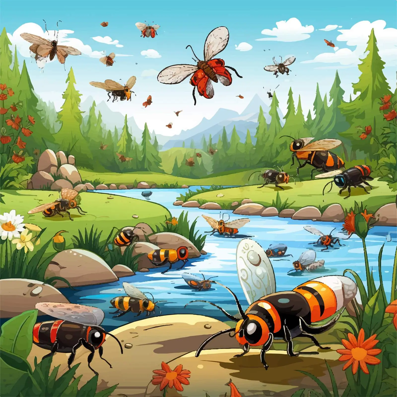 Insects by the River Vector Illustration — free download from Dotvec