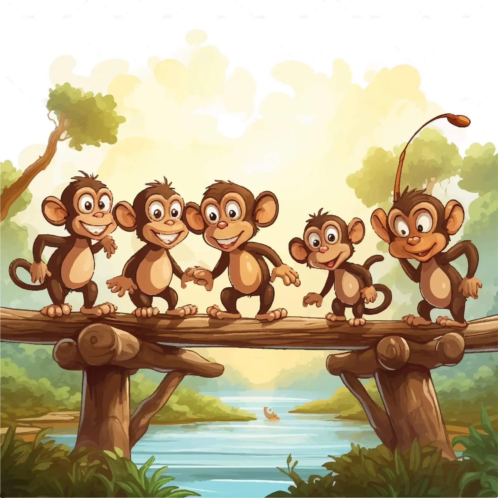 Monkeys at the Wooden Bridge Vector Illustration – free funny monkeys image from Dotvec