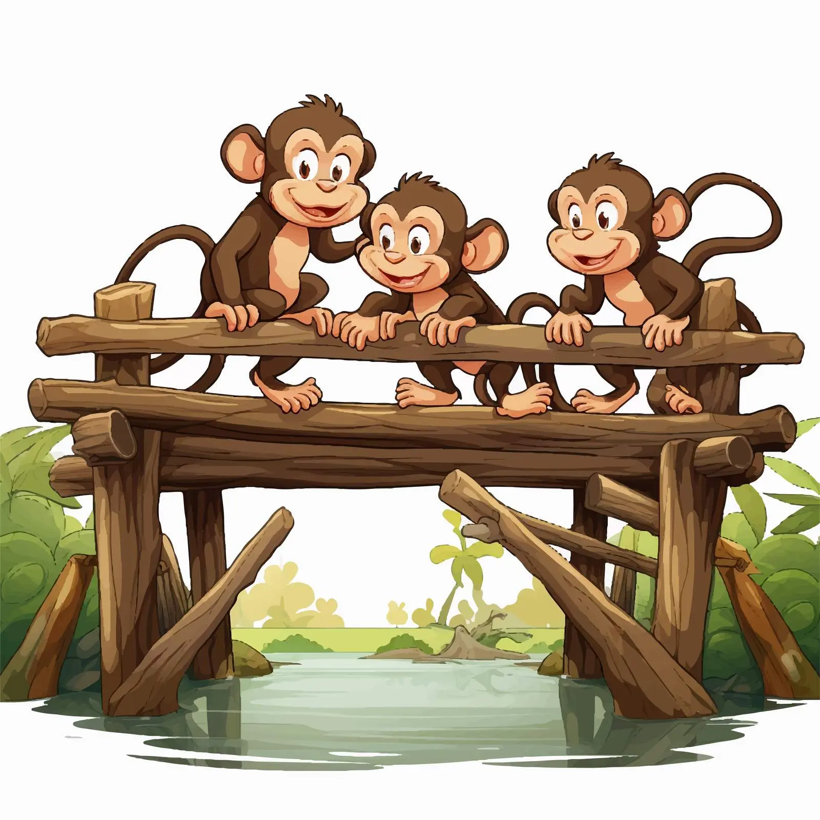 Monkeys on Wooden Bridge Vector Illustration — free download from Dotvec