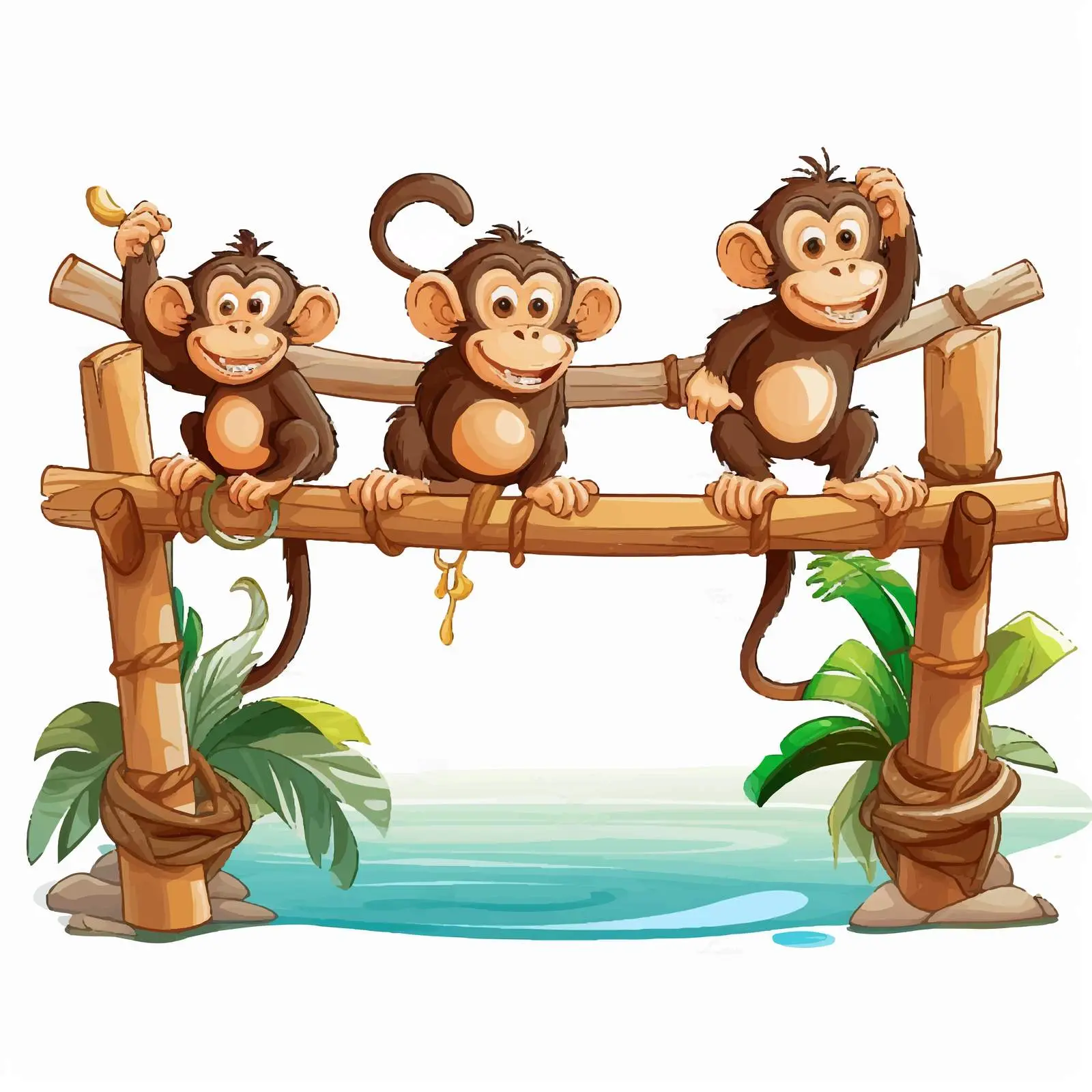 Monkeys at a Wooden Bridge Vector Illustration — free download from Dotvec