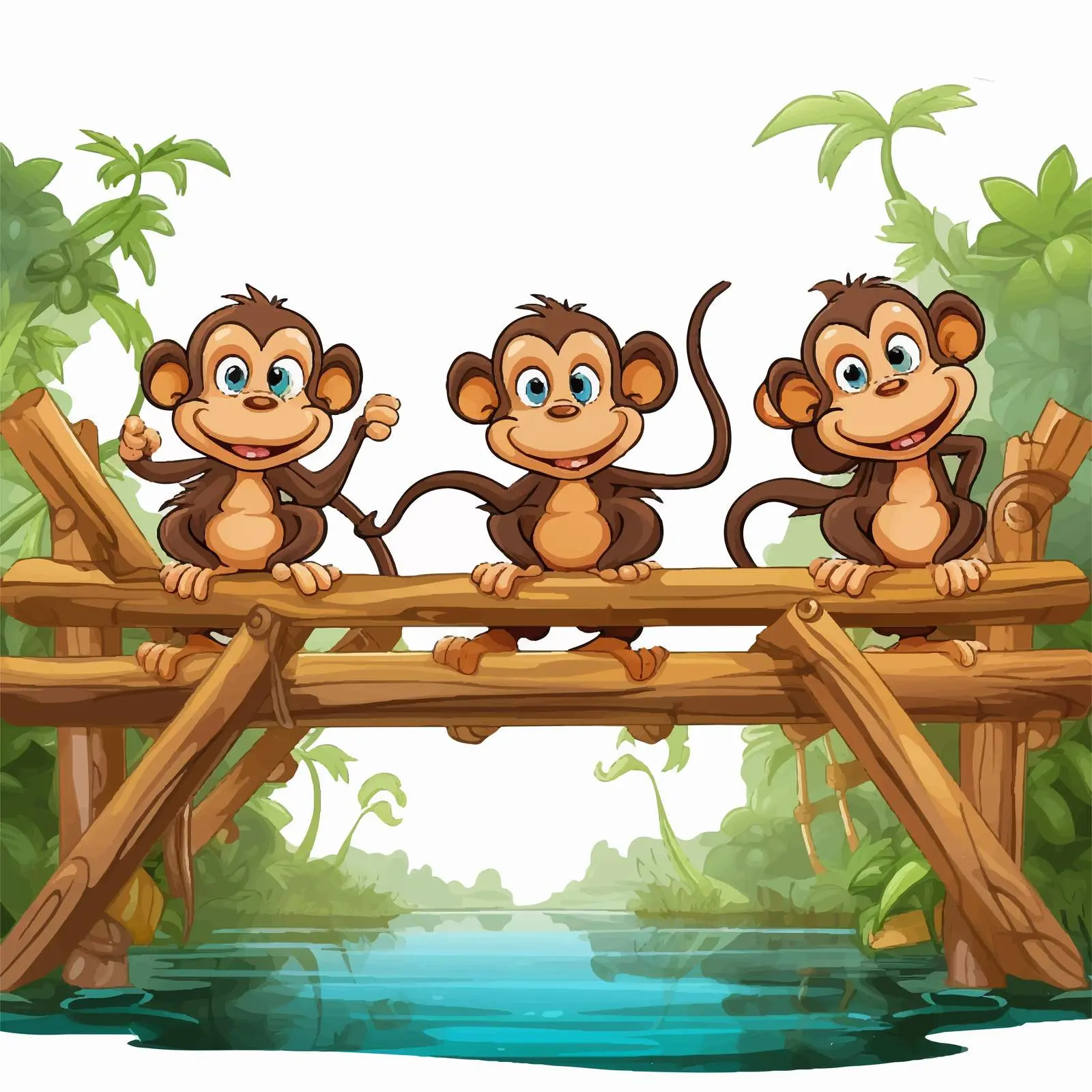 Monkeys on a Wooden Bridge Vector Illustration – free cute monkeys image from Dotvec