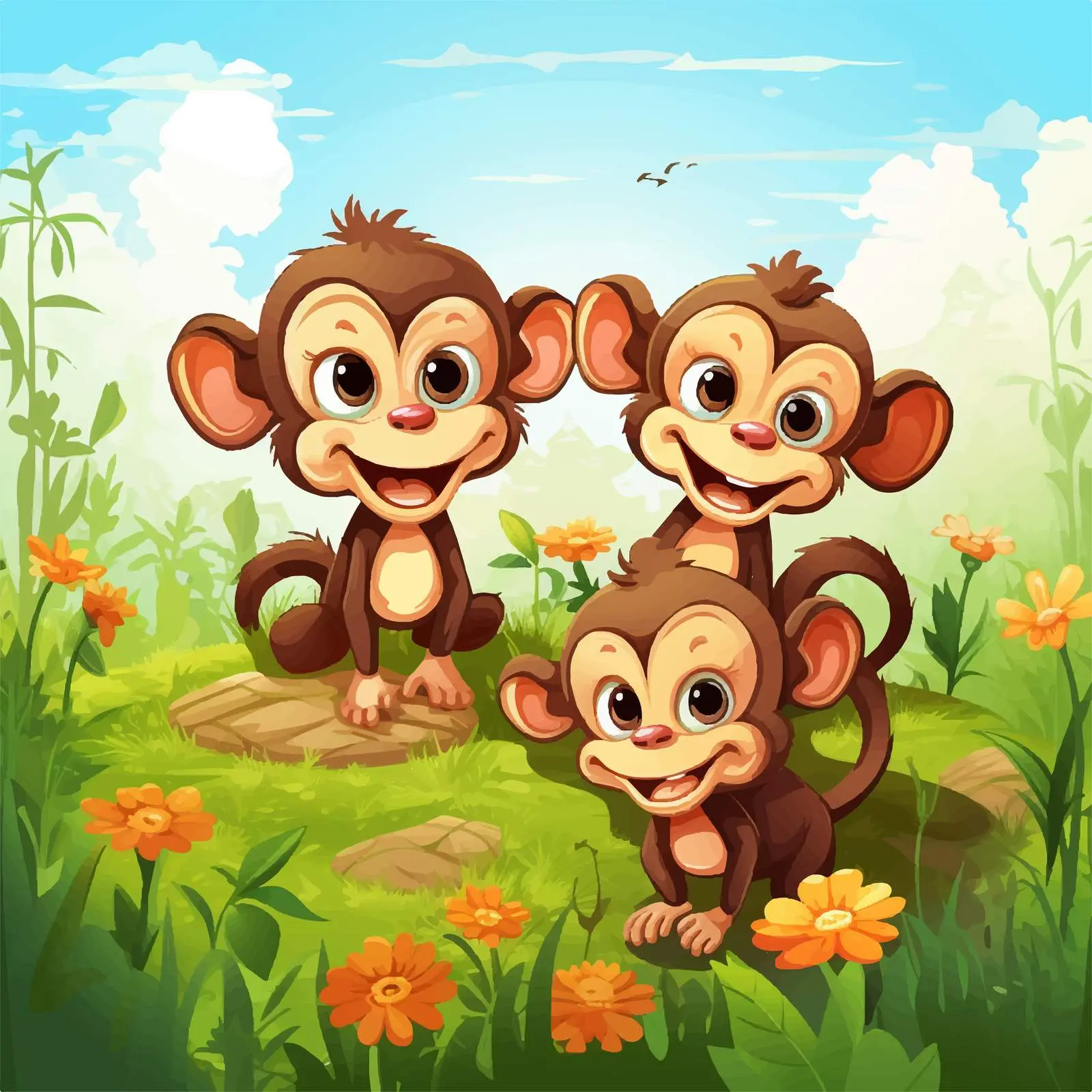 Monkeys Playing in a Field - Vector Illustration — free download from Dotvec