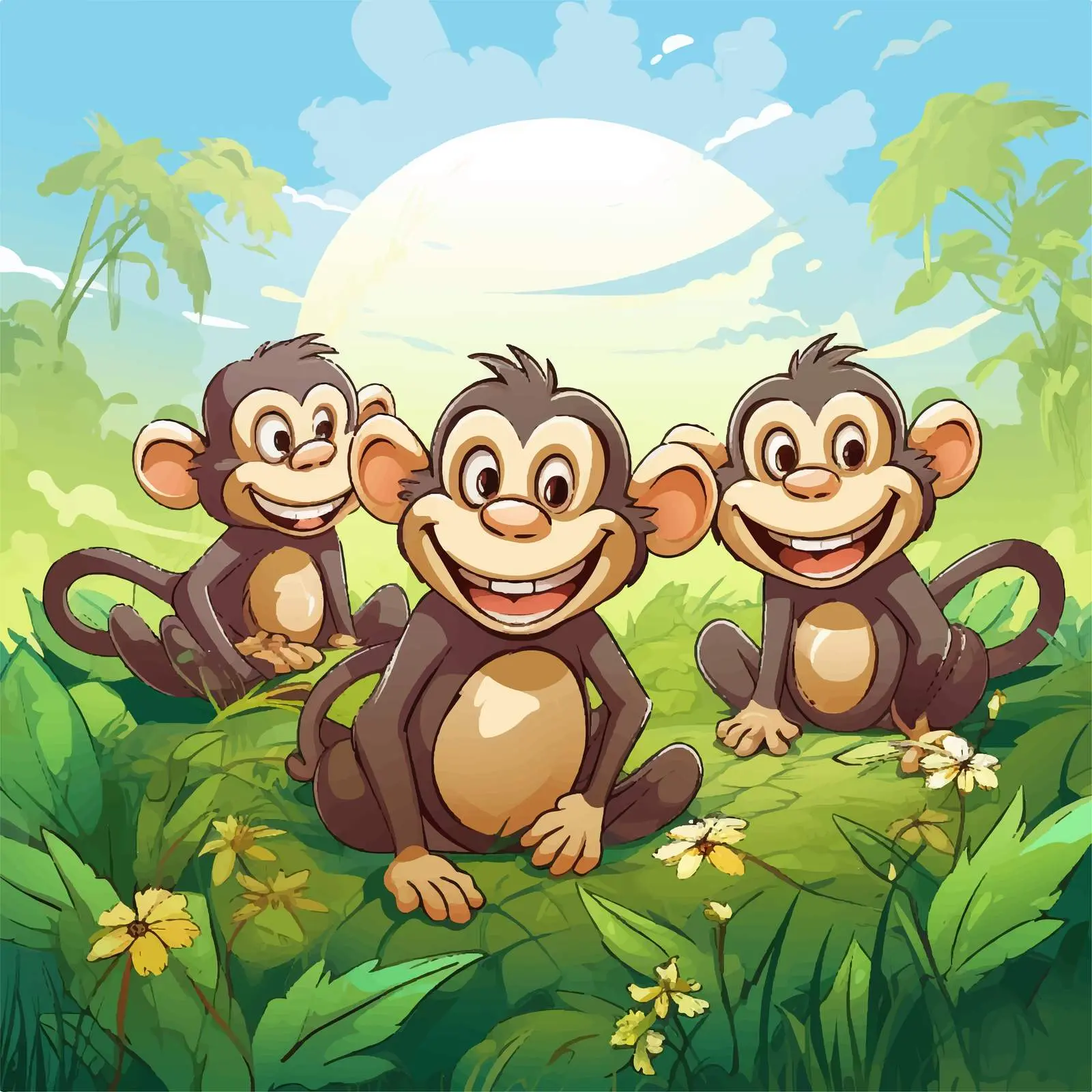 Monkeys Playing in a Field Vector Illustration — free download from Dotvec