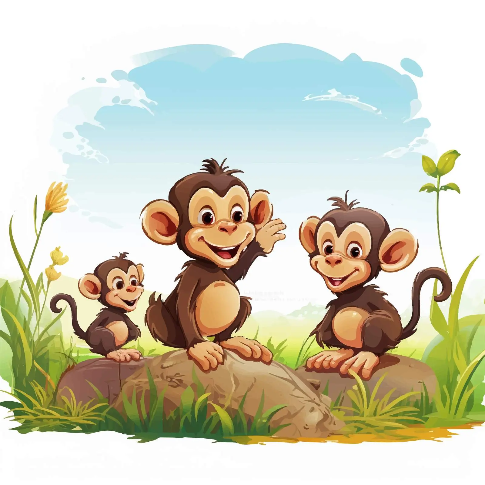 Playful Monkeys in Field Vector Illustration – free funny monkeys image from Dotvec