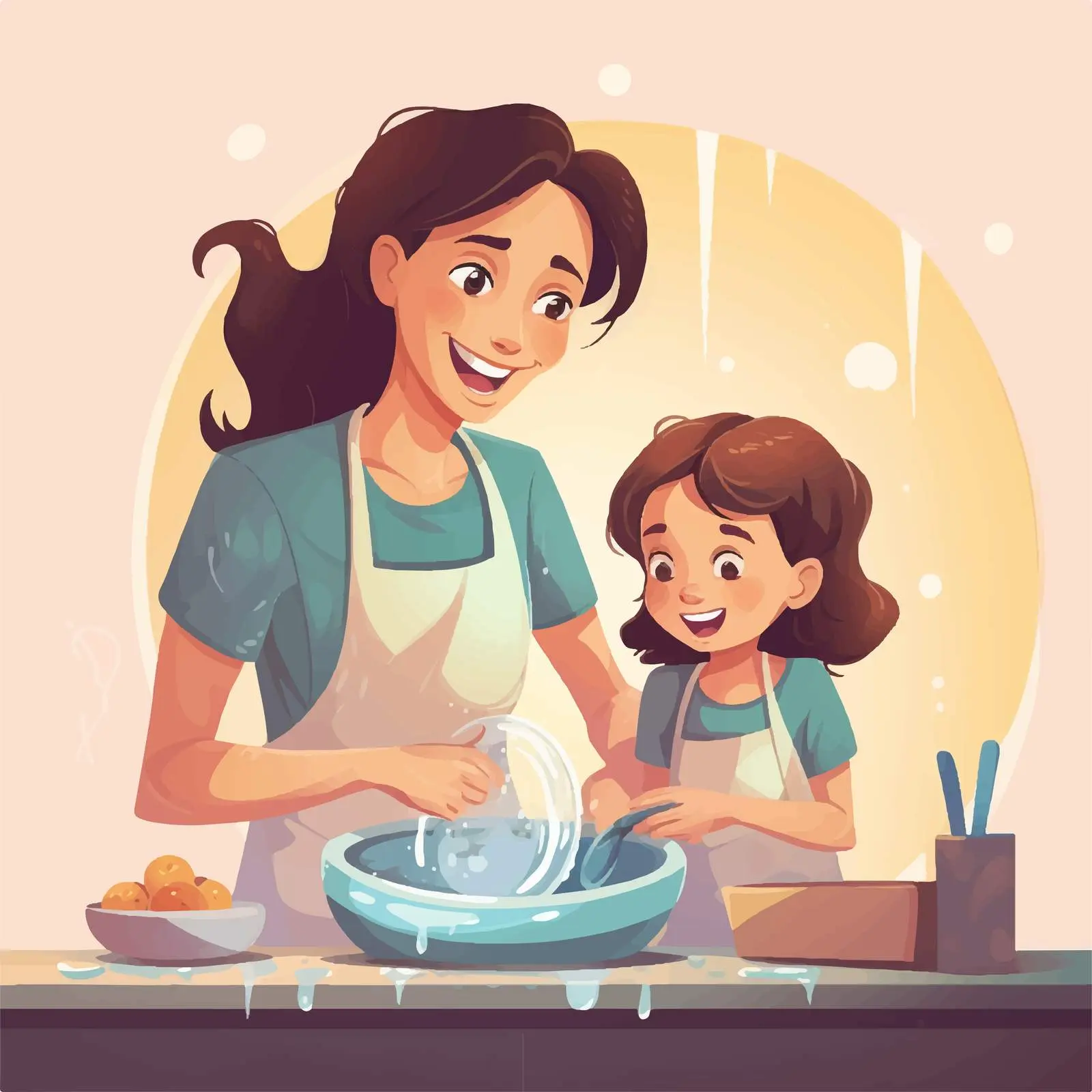 Mother and Daughter Washing Dishes Vector Art — free download from Dotvec
