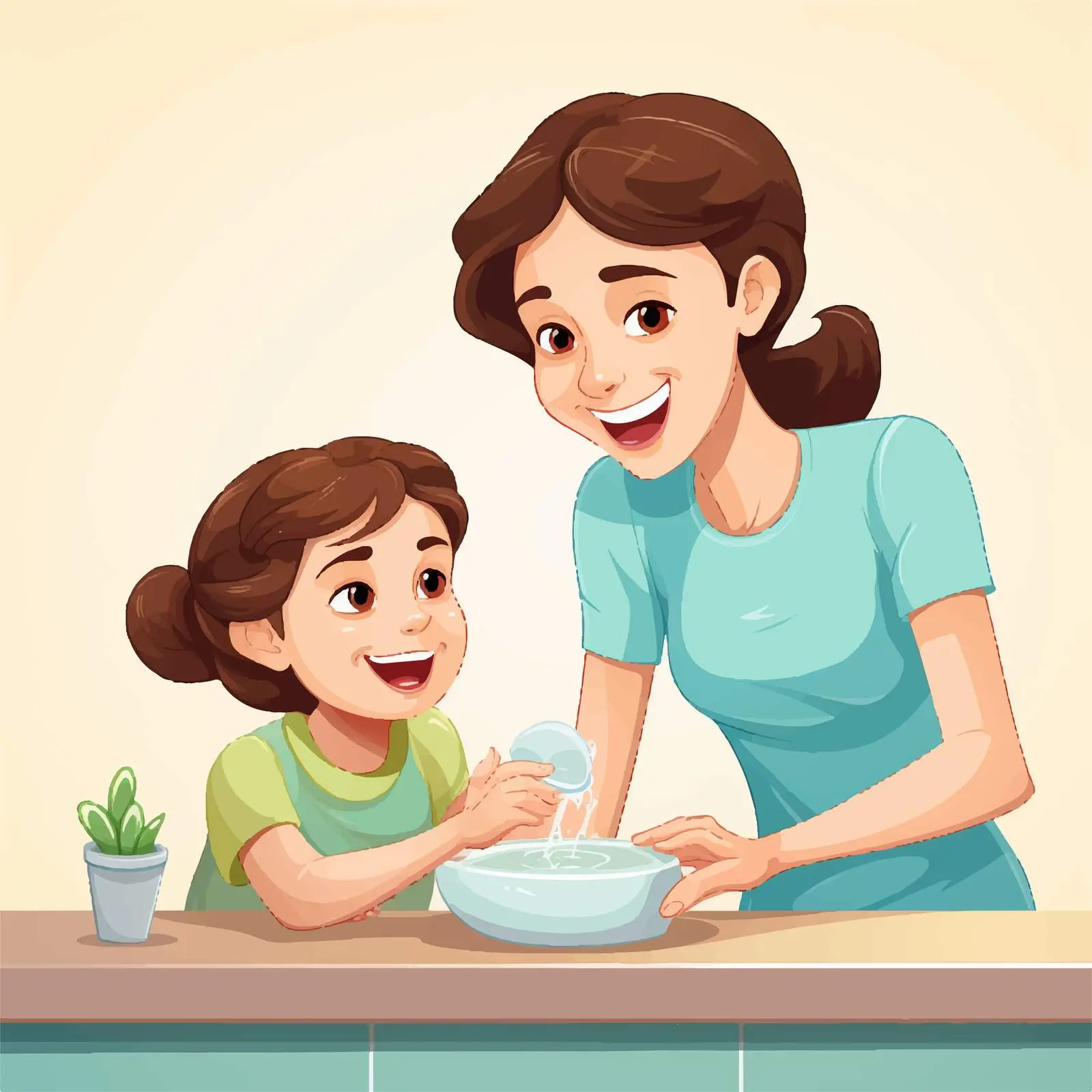 Mother and Daughter Washing Dishes Vector Illustration — free download from Dotvec